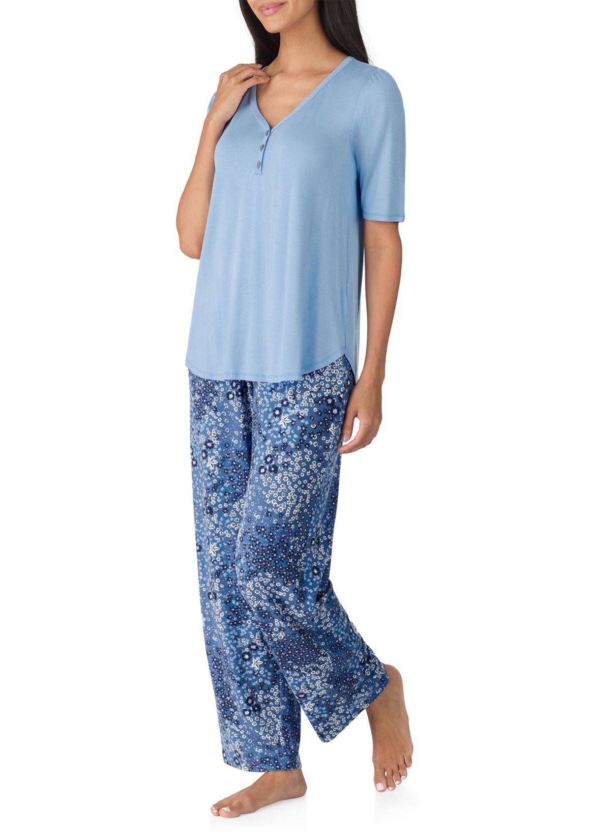 Above Elbow Sleeve Long Wide Leg Pant Pajama Set
