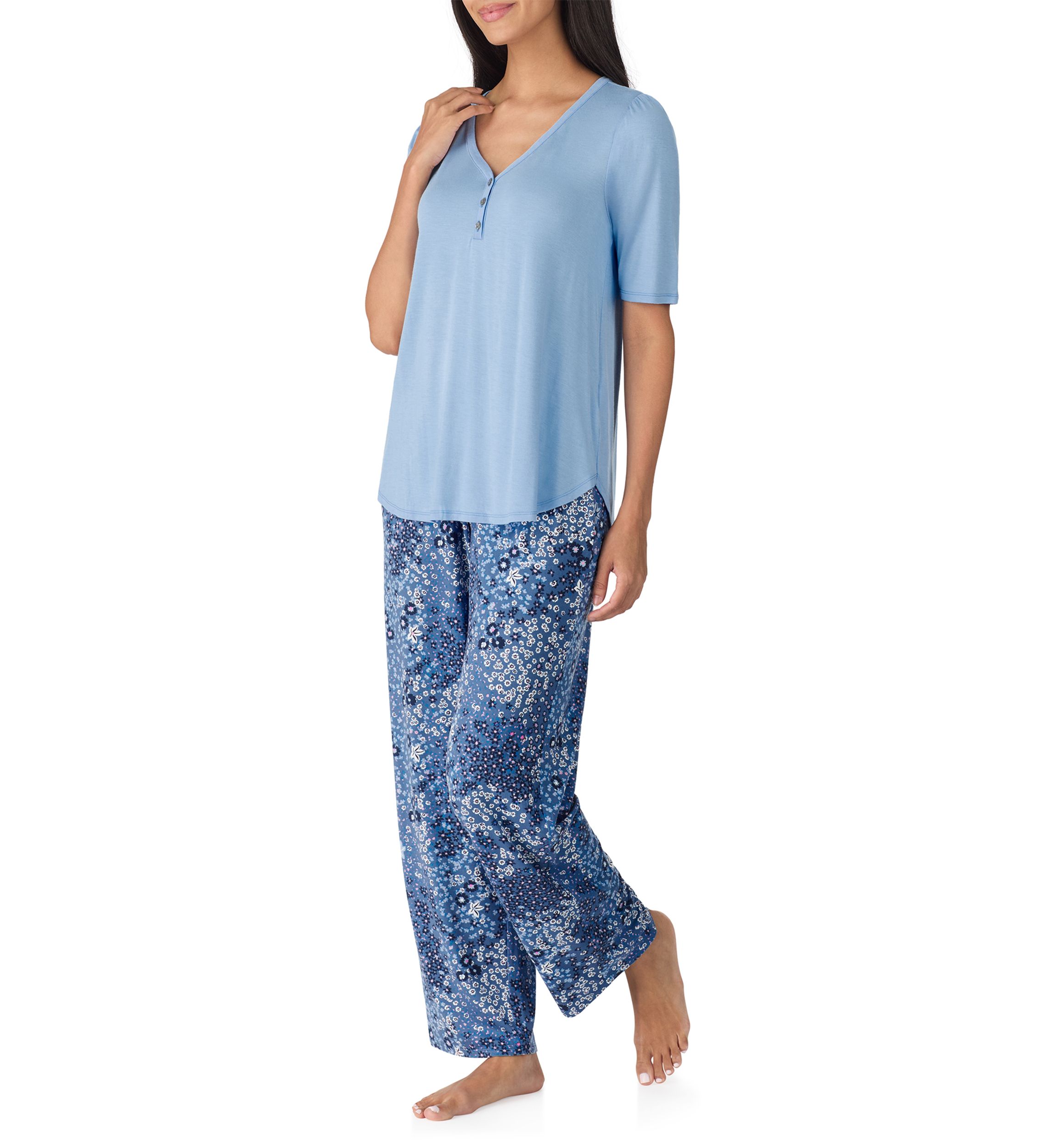 Above Elbow Sleeve Long Wide Leg Pant Pajama Set