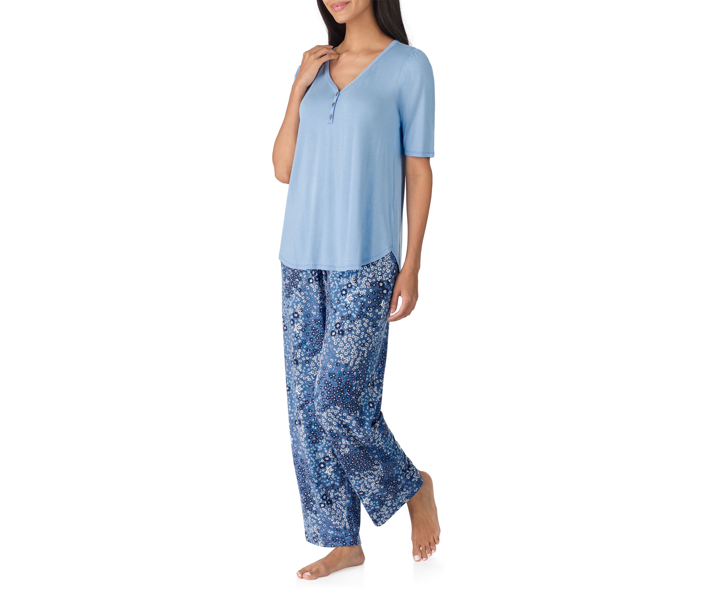 Above Elbow Sleeve Long Wide Leg Pant Pajama Set