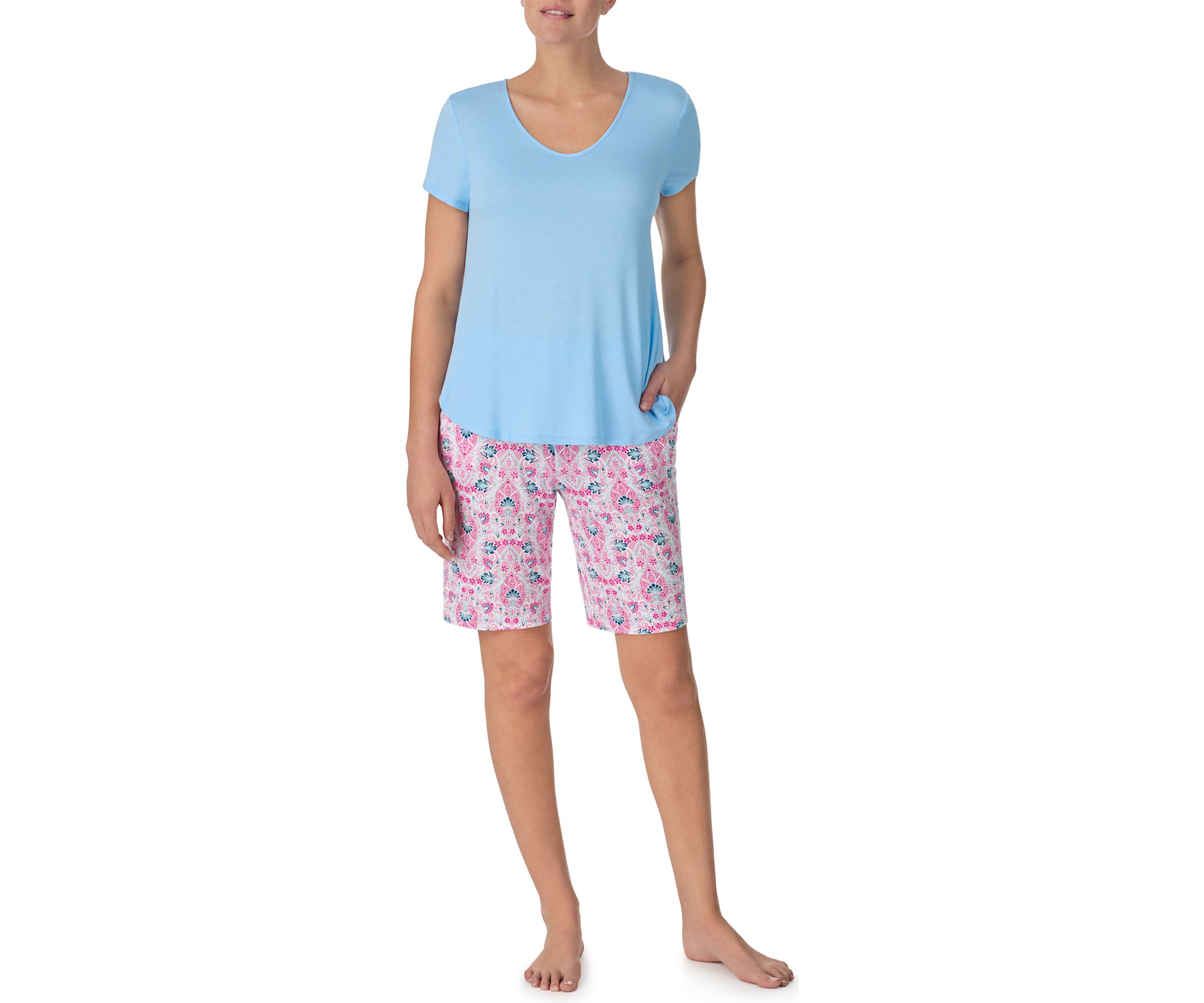 Solid Bermuda Pajama T-Shirt and PrintedShorts Set