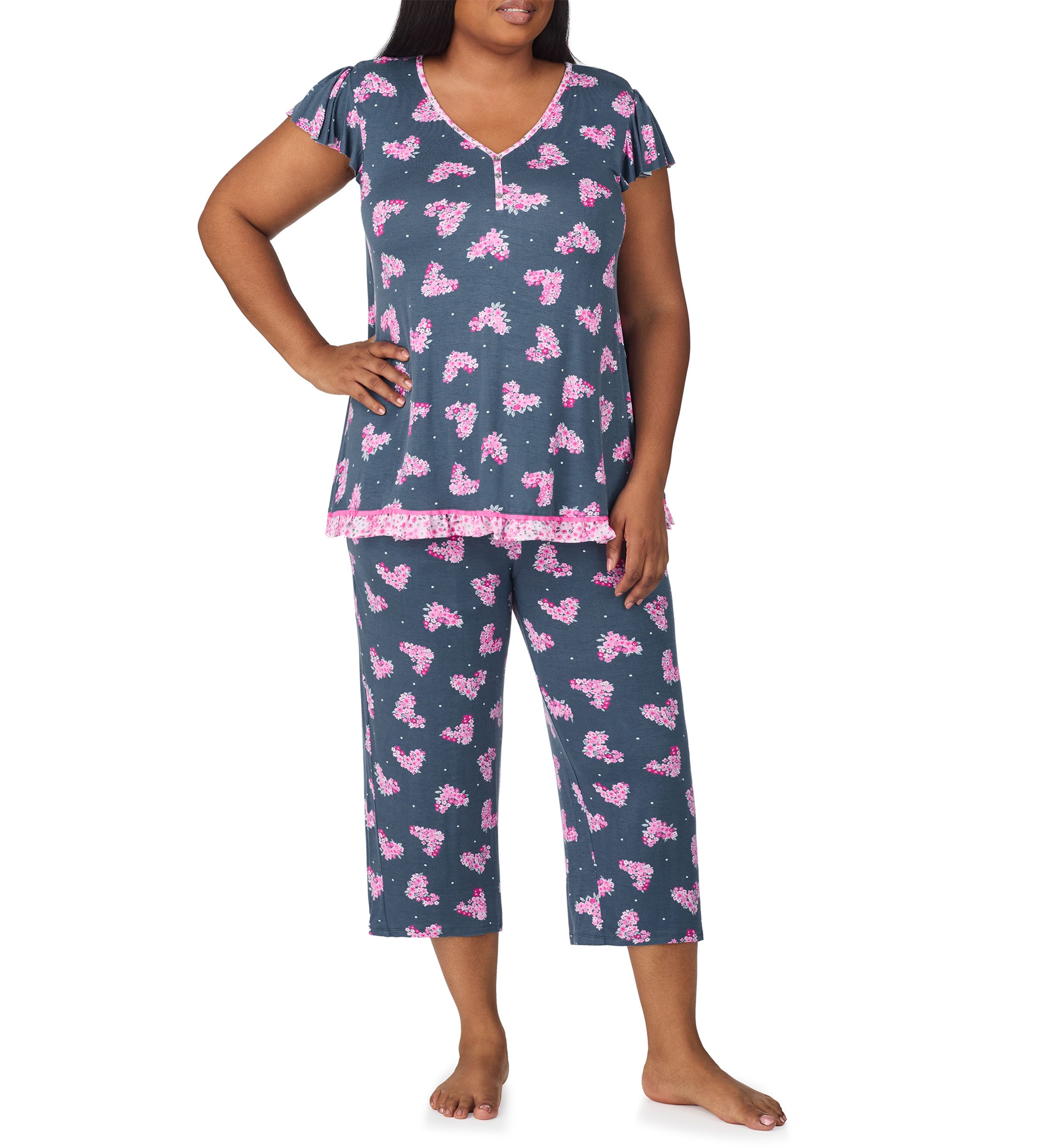 Plus Size Short Sleeve Cropped Printed Pajama Set 