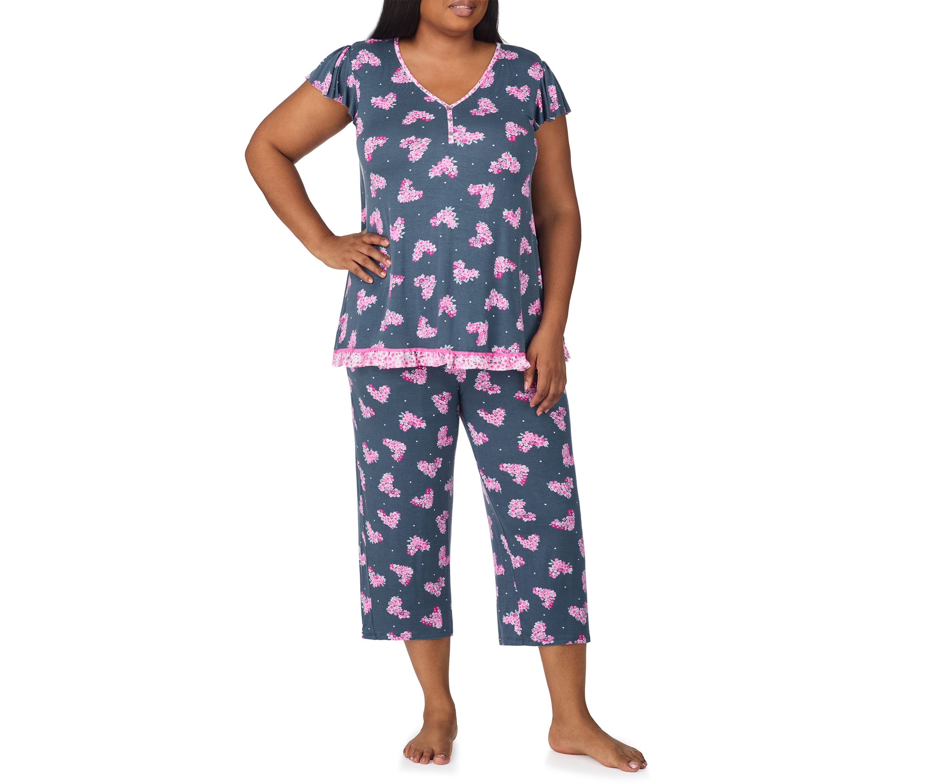Plus Size Short Sleeve Cropped Printed Pajama Set 
