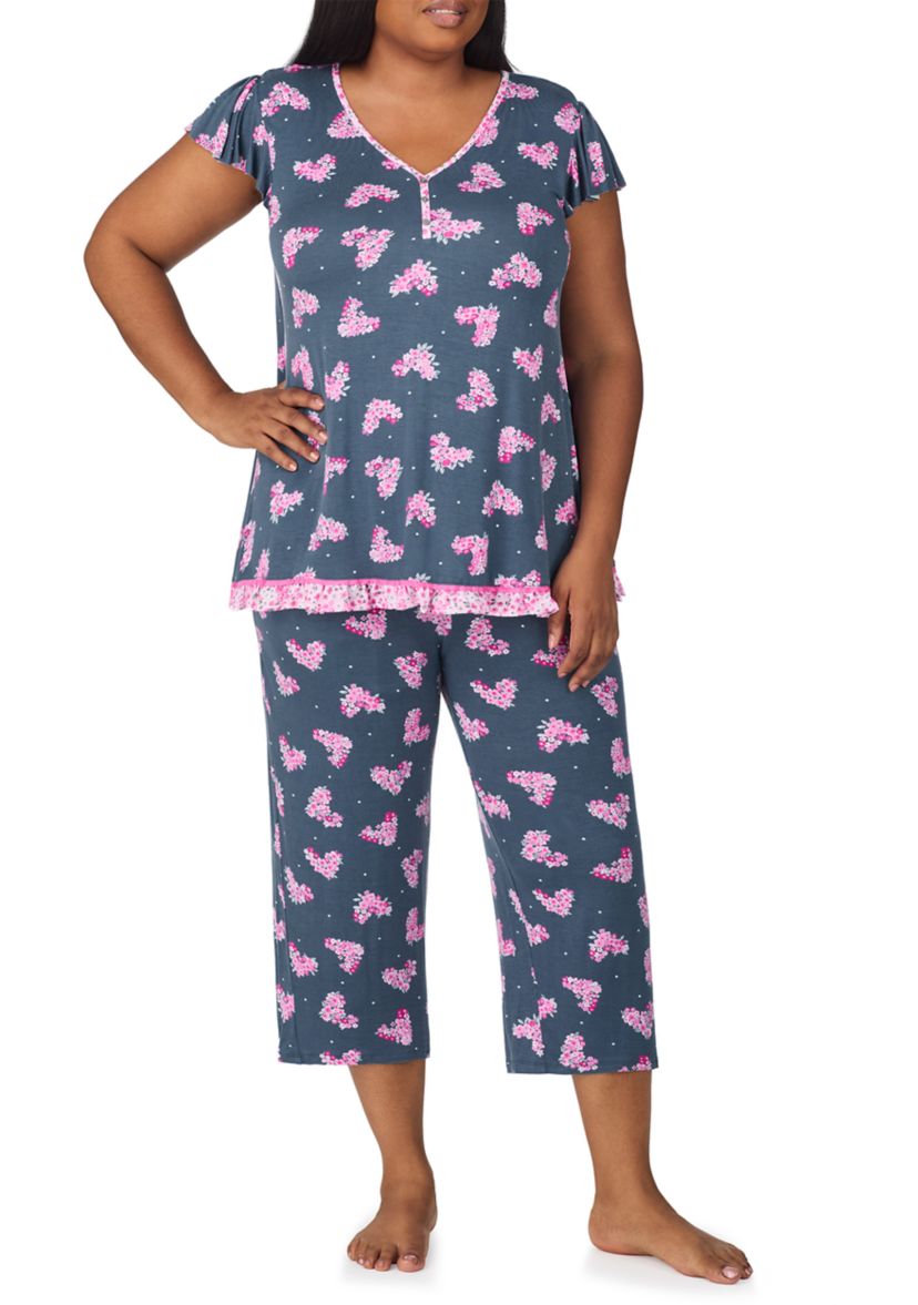 Plus Size Short Sleeve Cropped Printed Pajama Set 