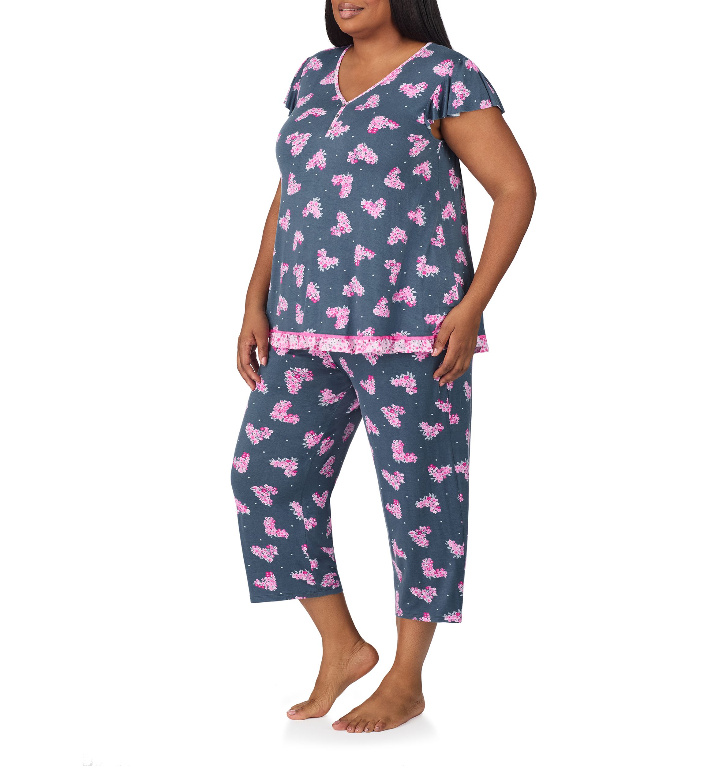 Plus Size Short Sleeve Cropped Printed Pajama Set 
