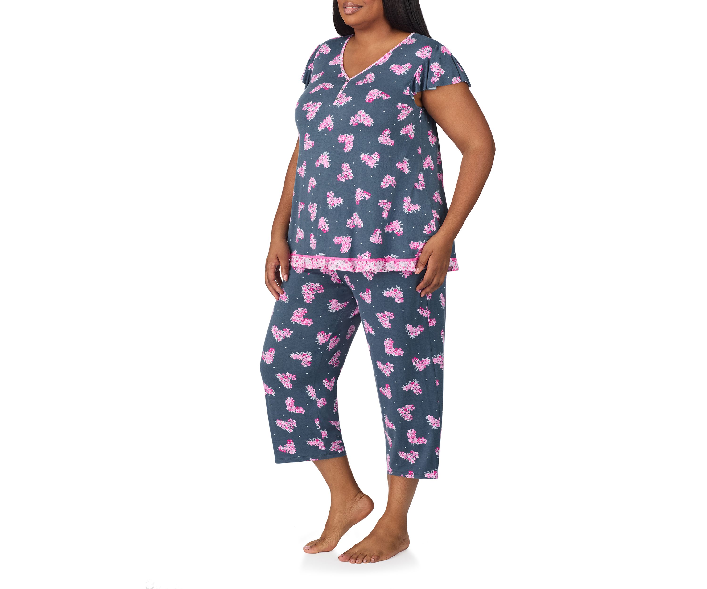 Plus Size Short Sleeve Cropped Printed Pajama Set 