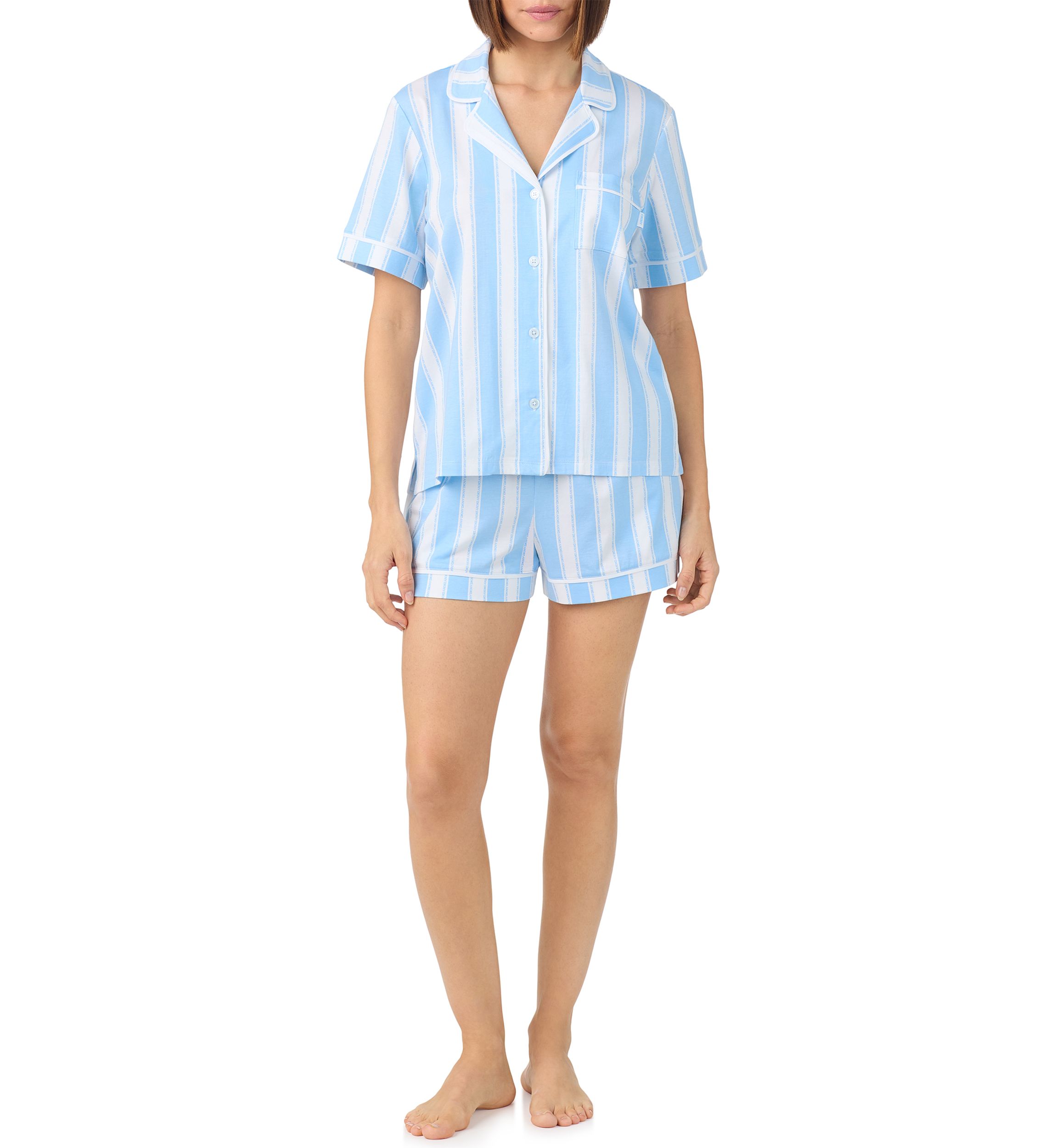 Short Sleeve Notch Collar Top and Boxer Shorts Set