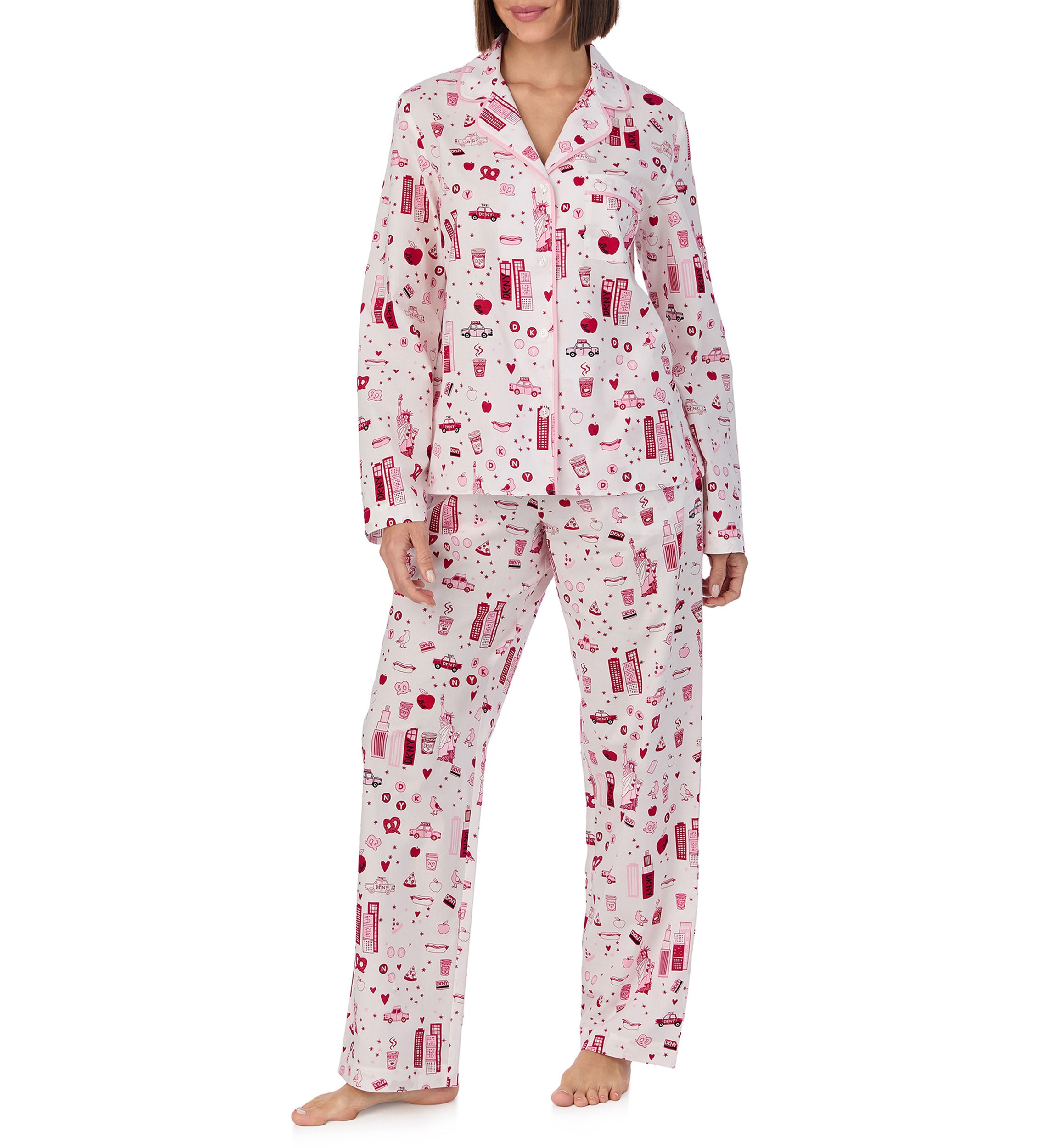 Womens Long Sleeve Notch Collar Top and Pants Sleep Set 