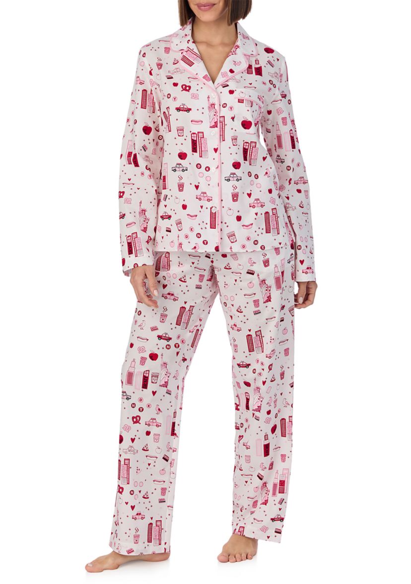 Womens Long Sleeve Notch Collar Top and Pants Sleep Set 