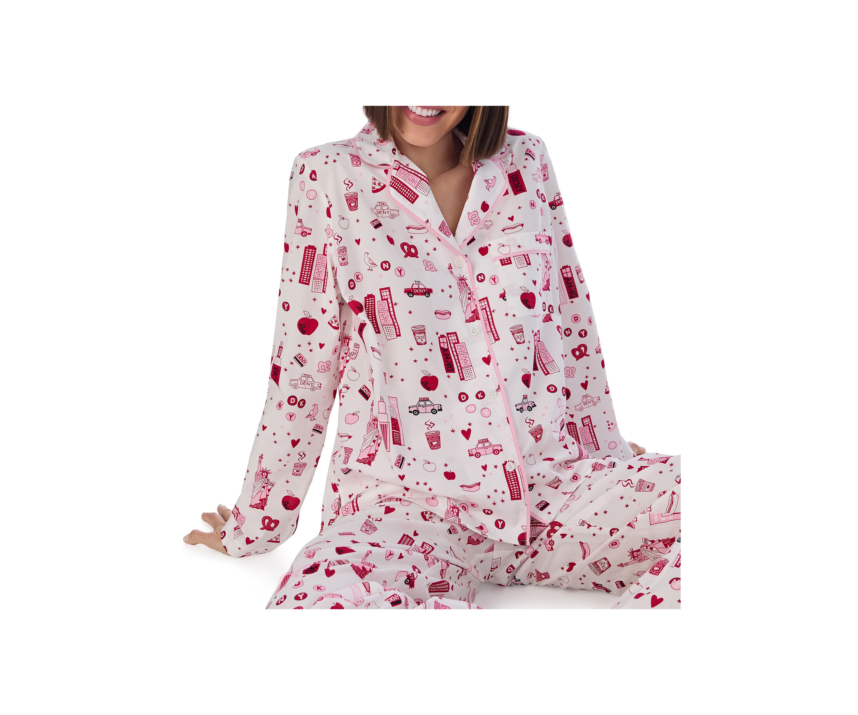 Womens Long Sleeve Notch Collar Top and Pants Sleep Set 