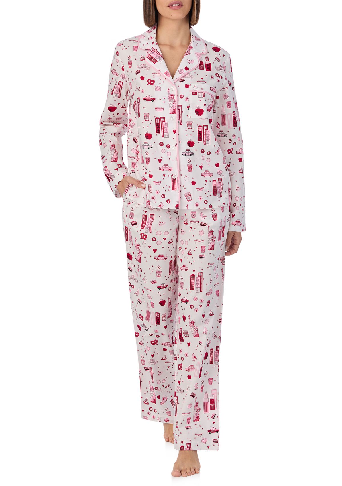 Womens Long Sleeve Notch Collar Top and Pants Sleep Set 