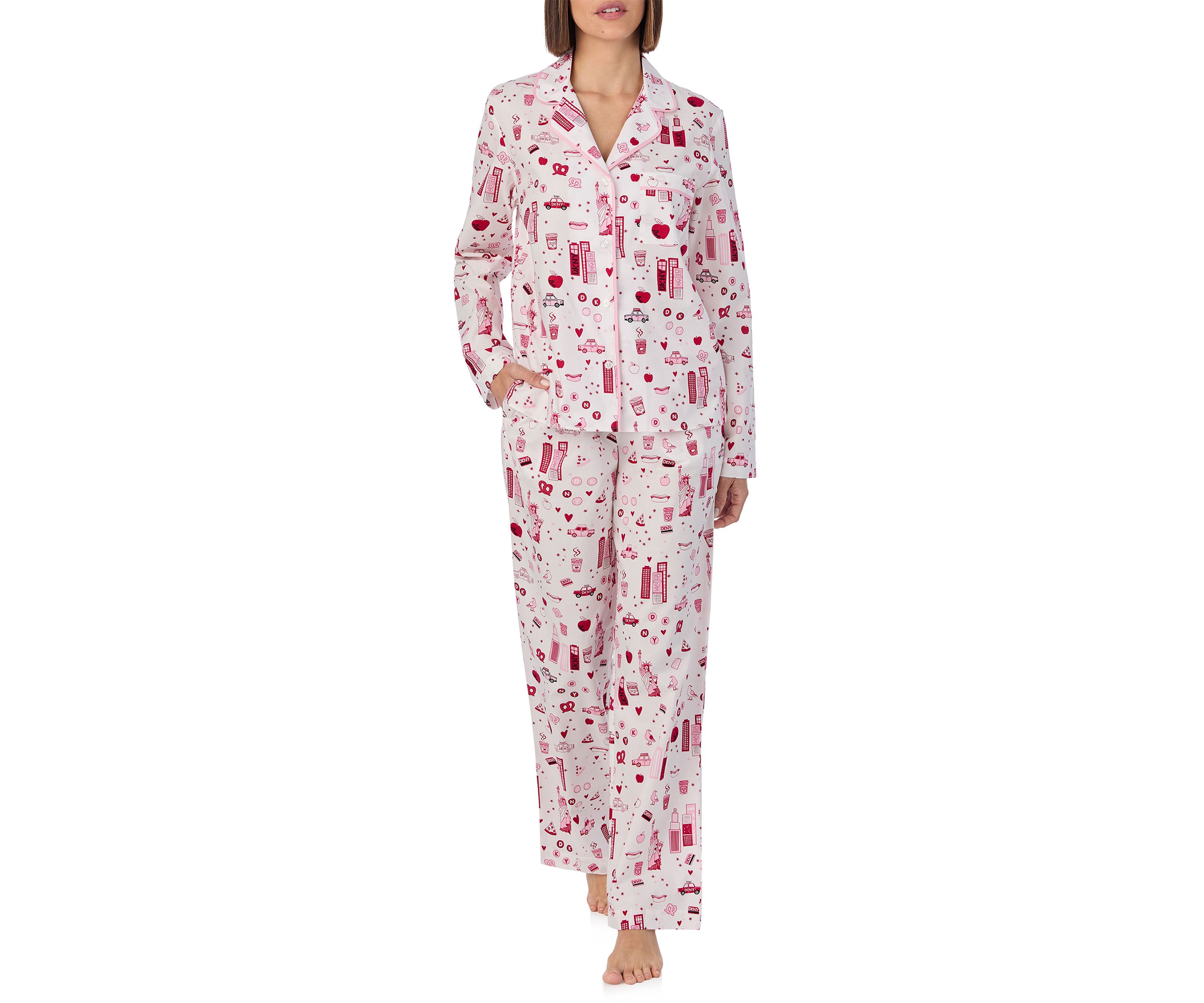 Womens Long Sleeve Notch Collar Top and Pants Sleep Set 