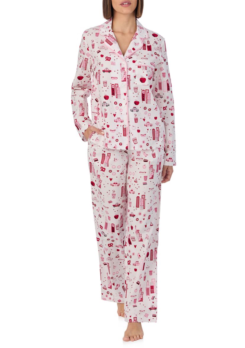 Womens Long Sleeve Notch Collar Top and Pants Sleep Set 