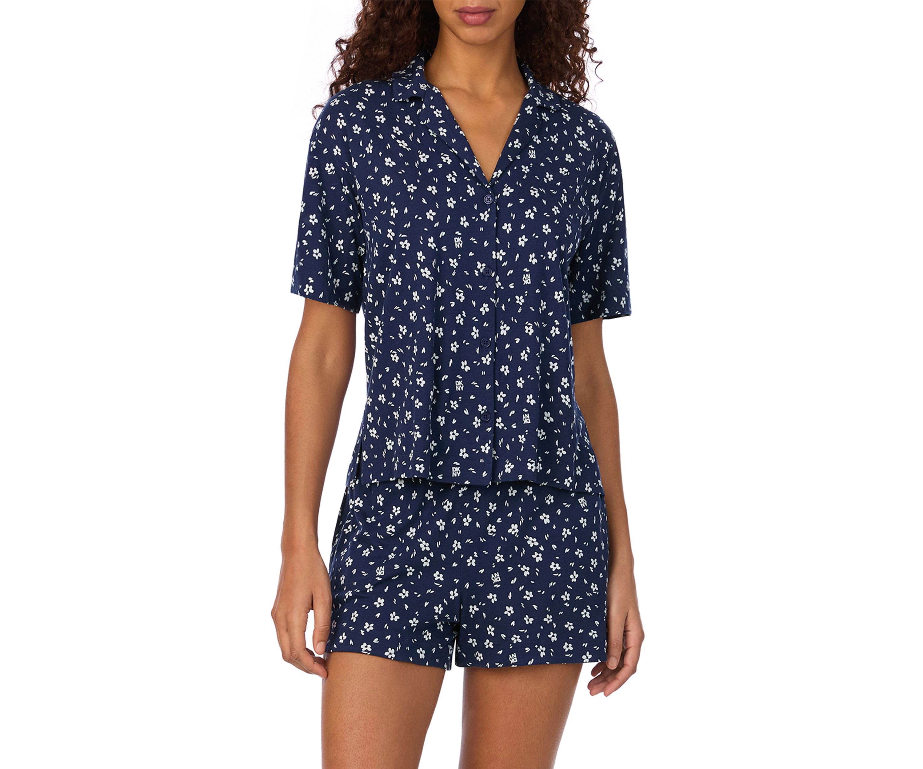 Womens Short Sleeve Notch Collar Short and Boxer Shorts Pajama Set