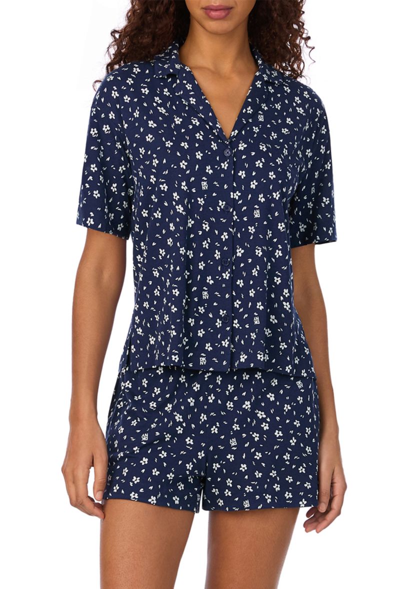 Womens Short Sleeve Notch Collar Short and Boxer Shorts Pajama Set