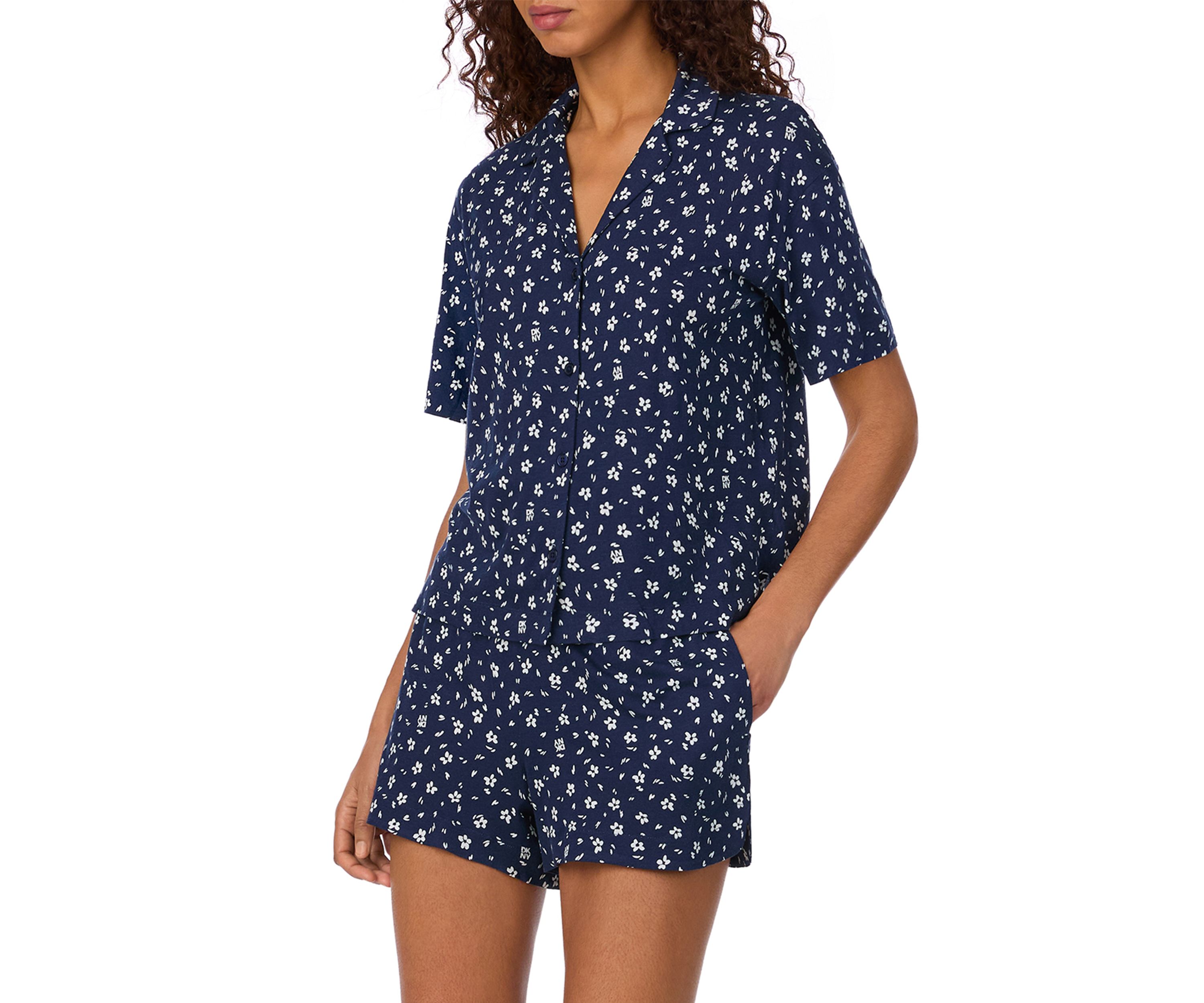 Womens Short Sleeve Notch Collar Short and Boxer Shorts Pajama Set