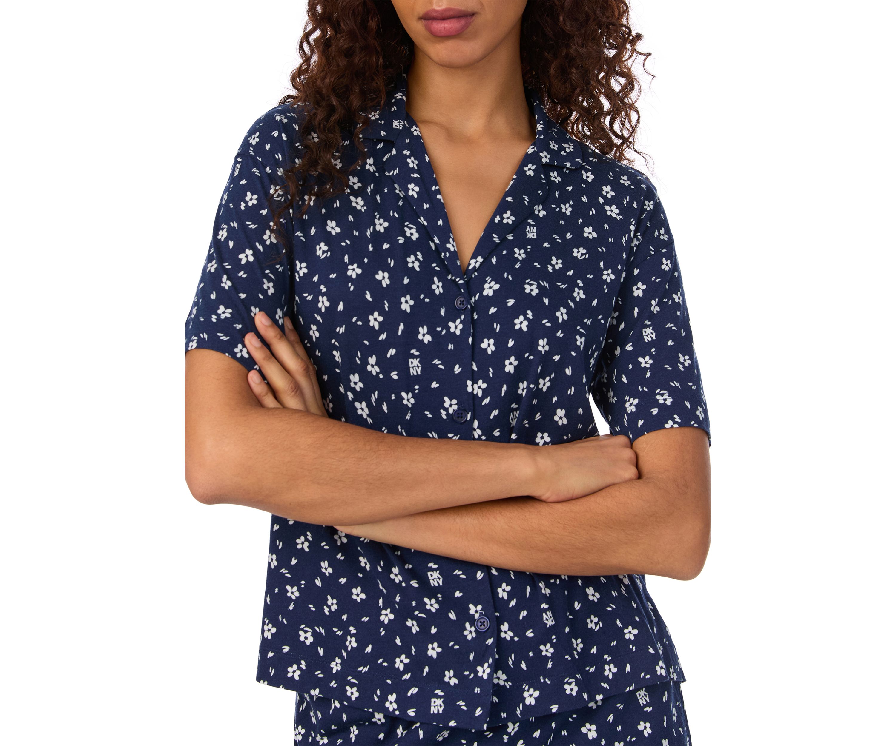 Womens Short Sleeve Notch Collar Short and Boxer Shorts Pajama Set
