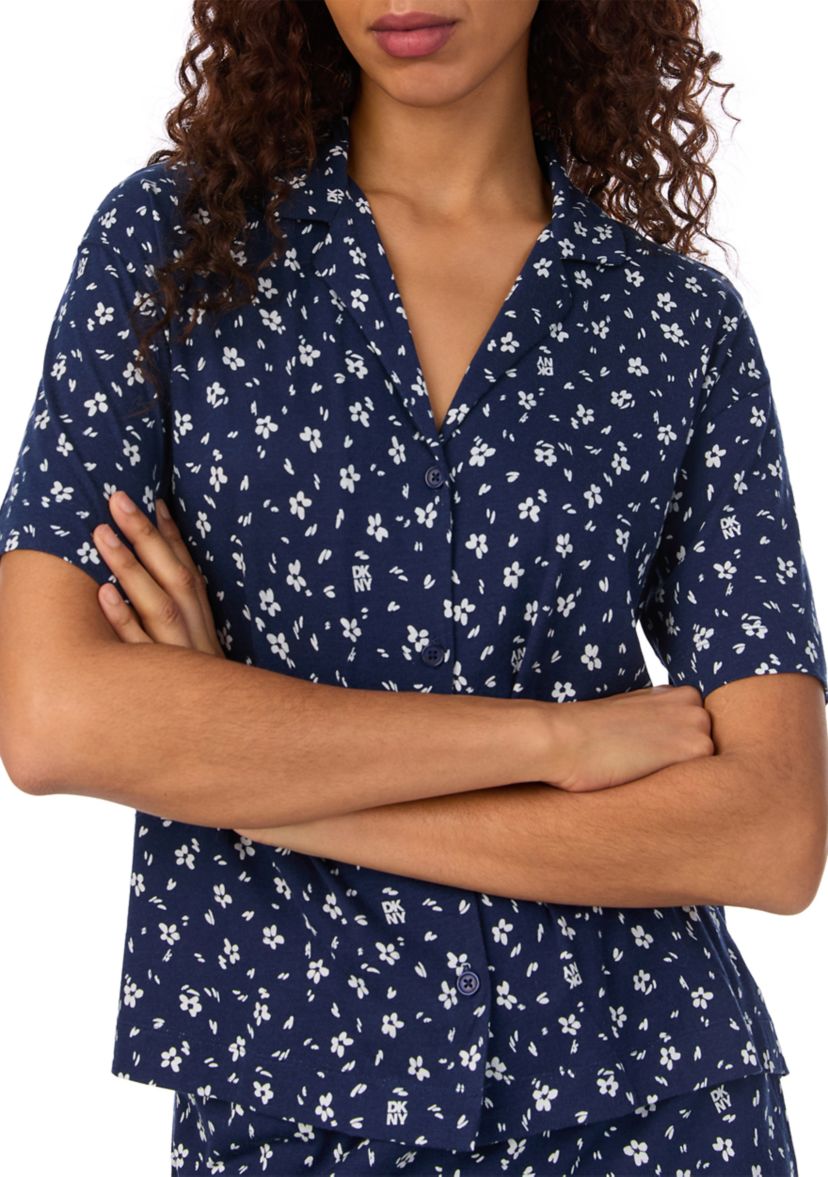 Womens Short Sleeve Notch Collar Short and Boxer Shorts Pajama Set