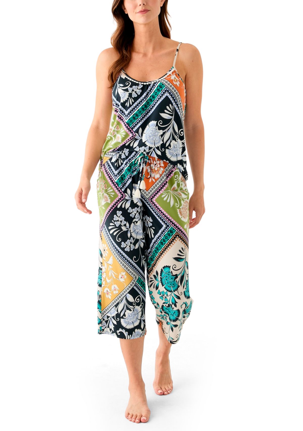 Womens Satin Cropped Printed Pajama Set