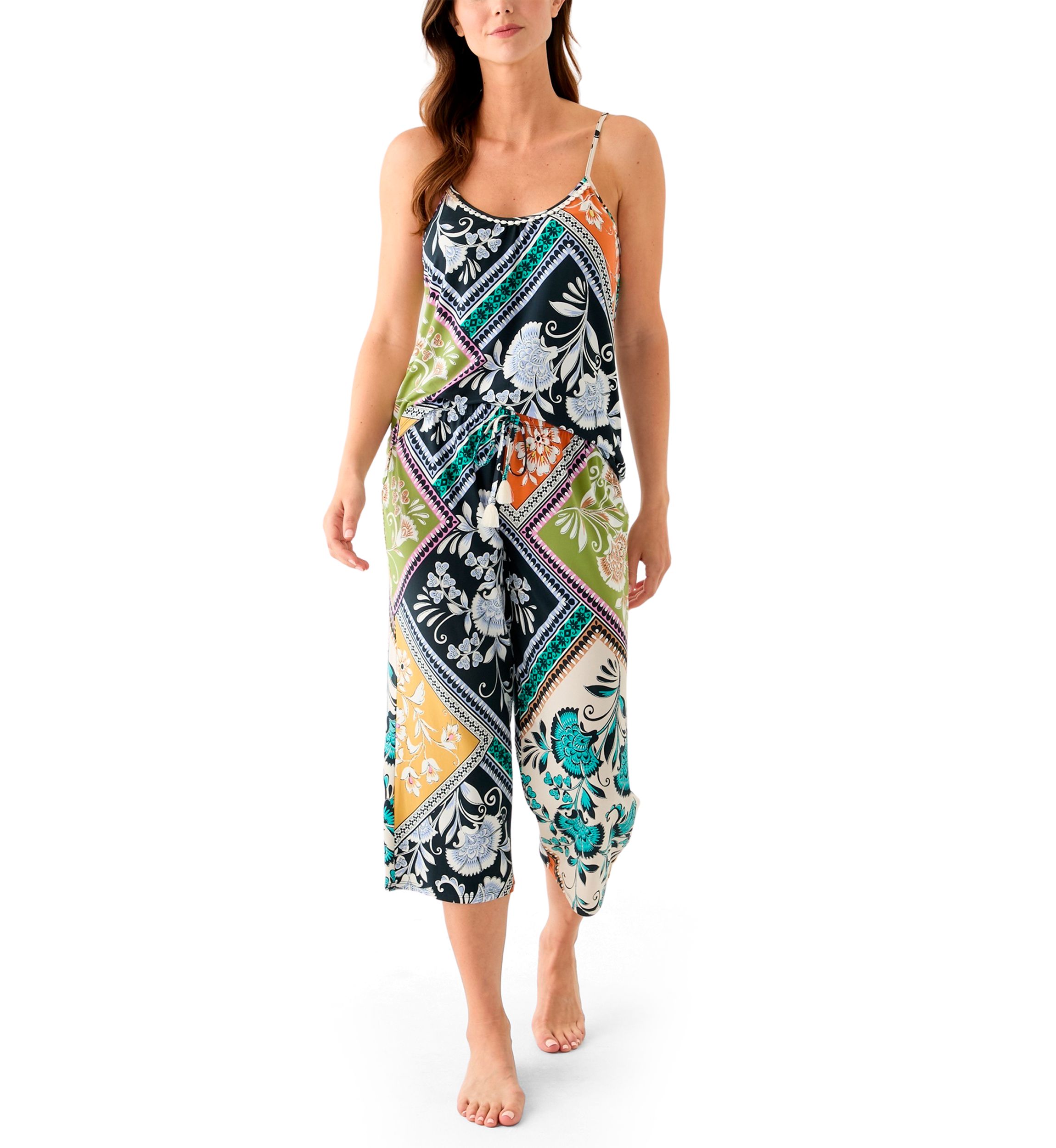 Womens Satin Cropped Printed Pajama Set