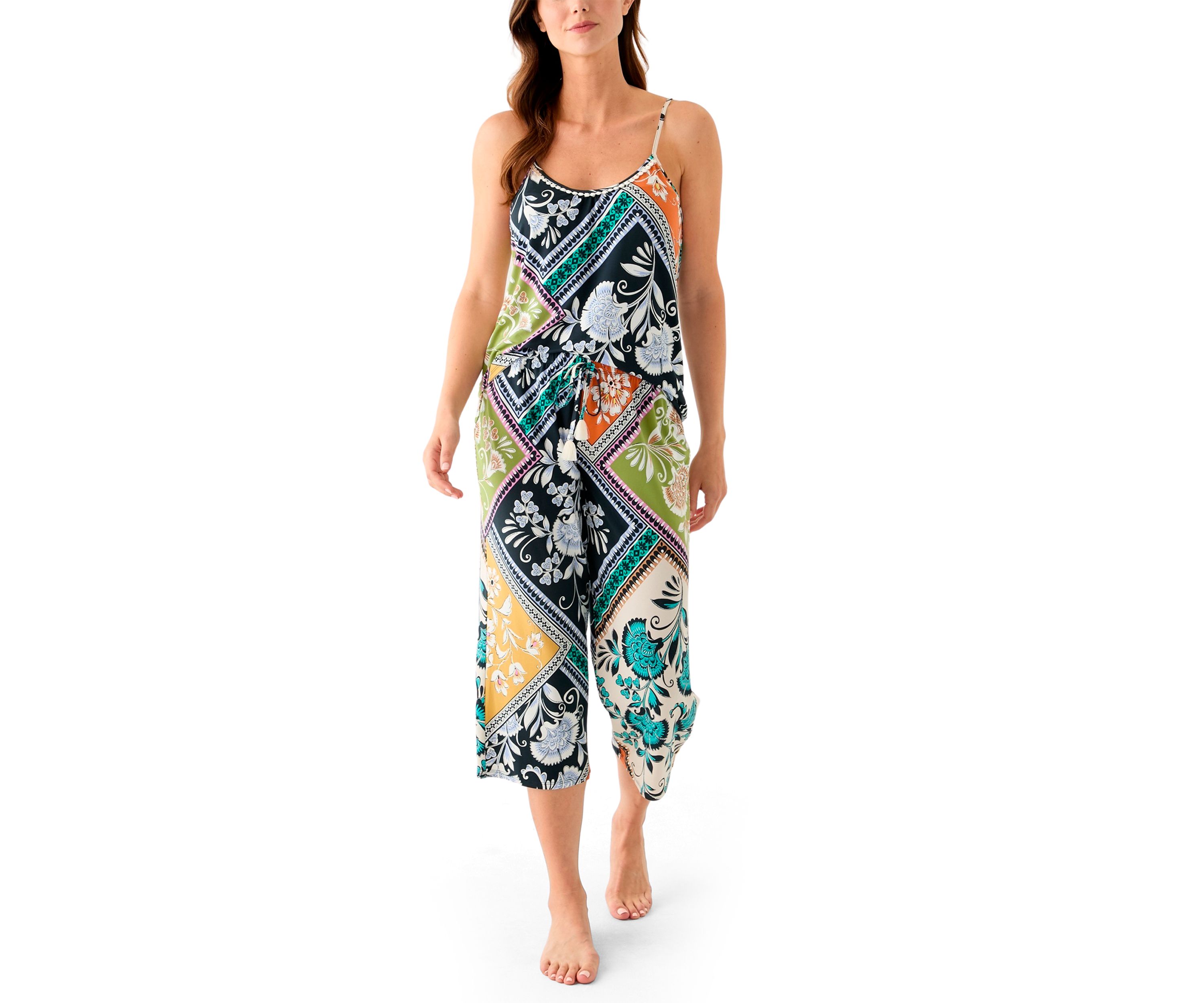 Womens Satin Cropped Printed Pajama Set