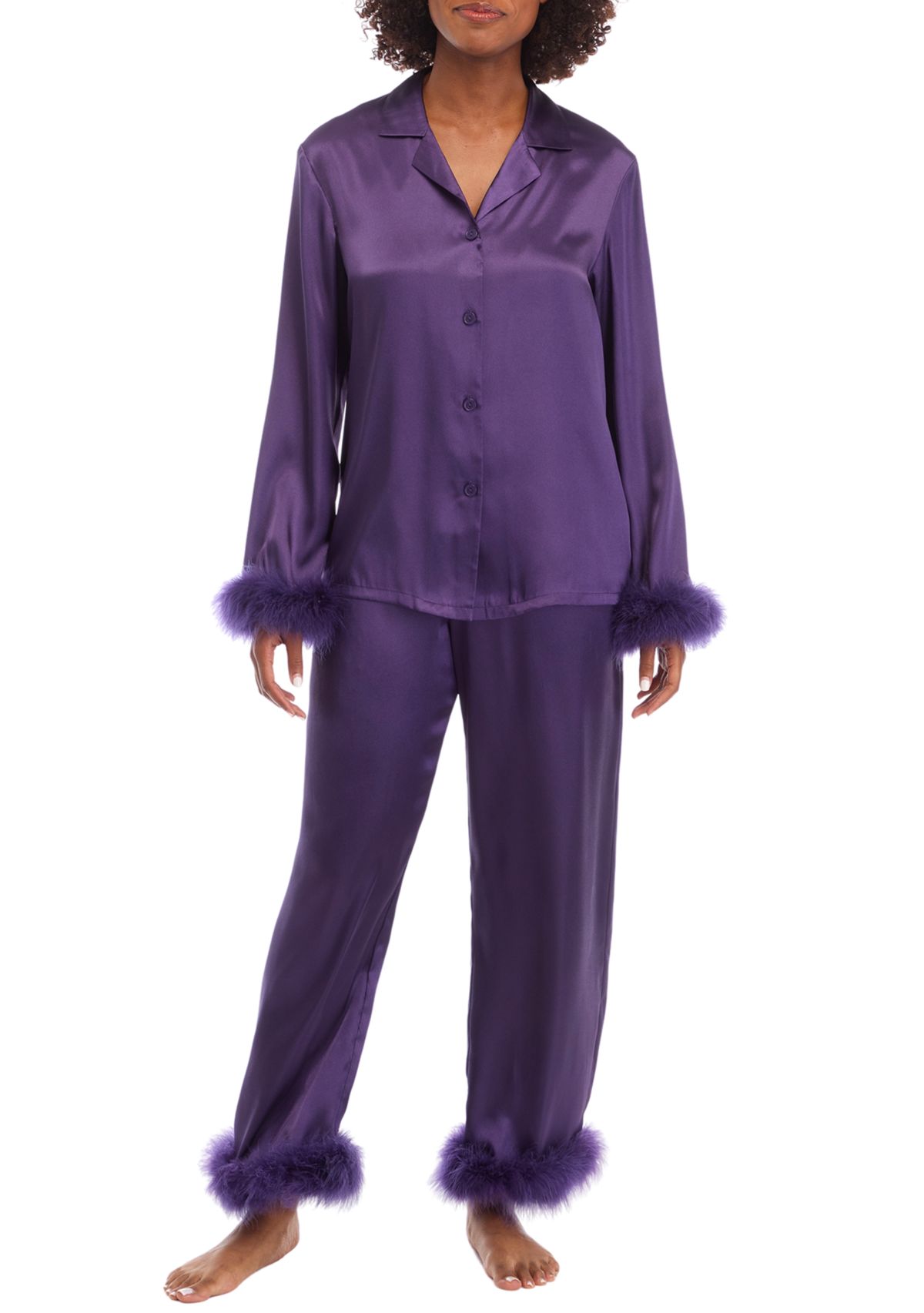 Satin Fur Trim Pajama Set