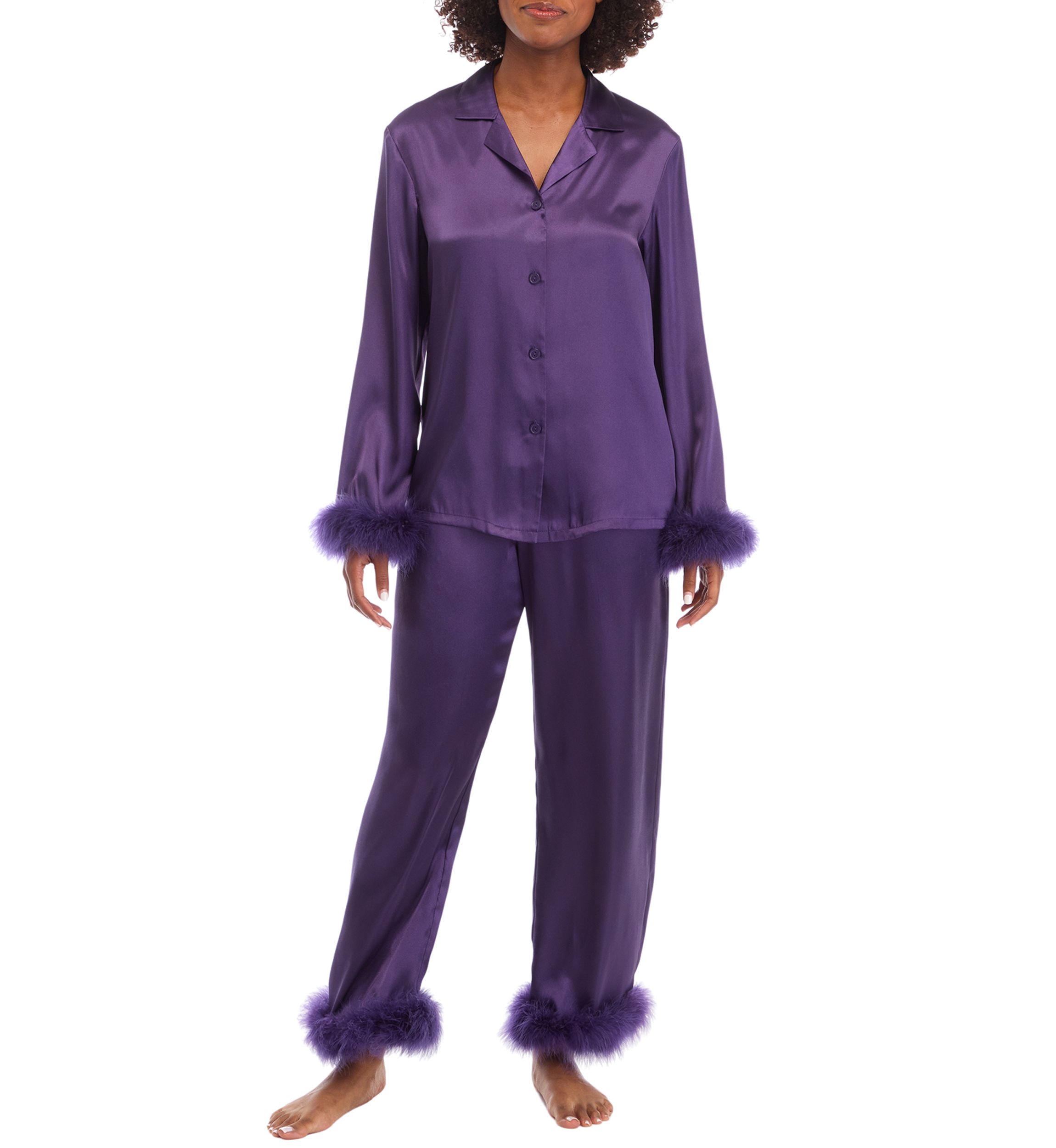 Satin Fur Trim Pajama Set