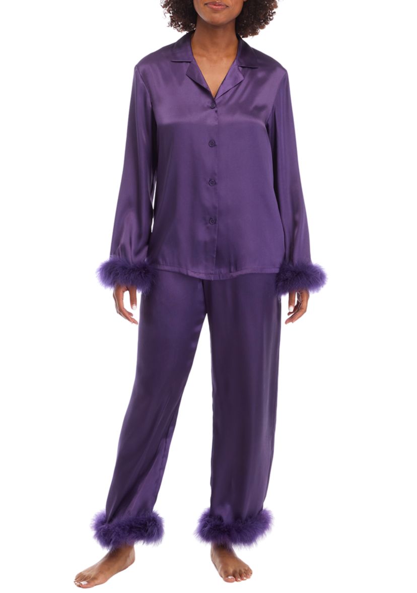 Satin Fur Trim Pajama Set