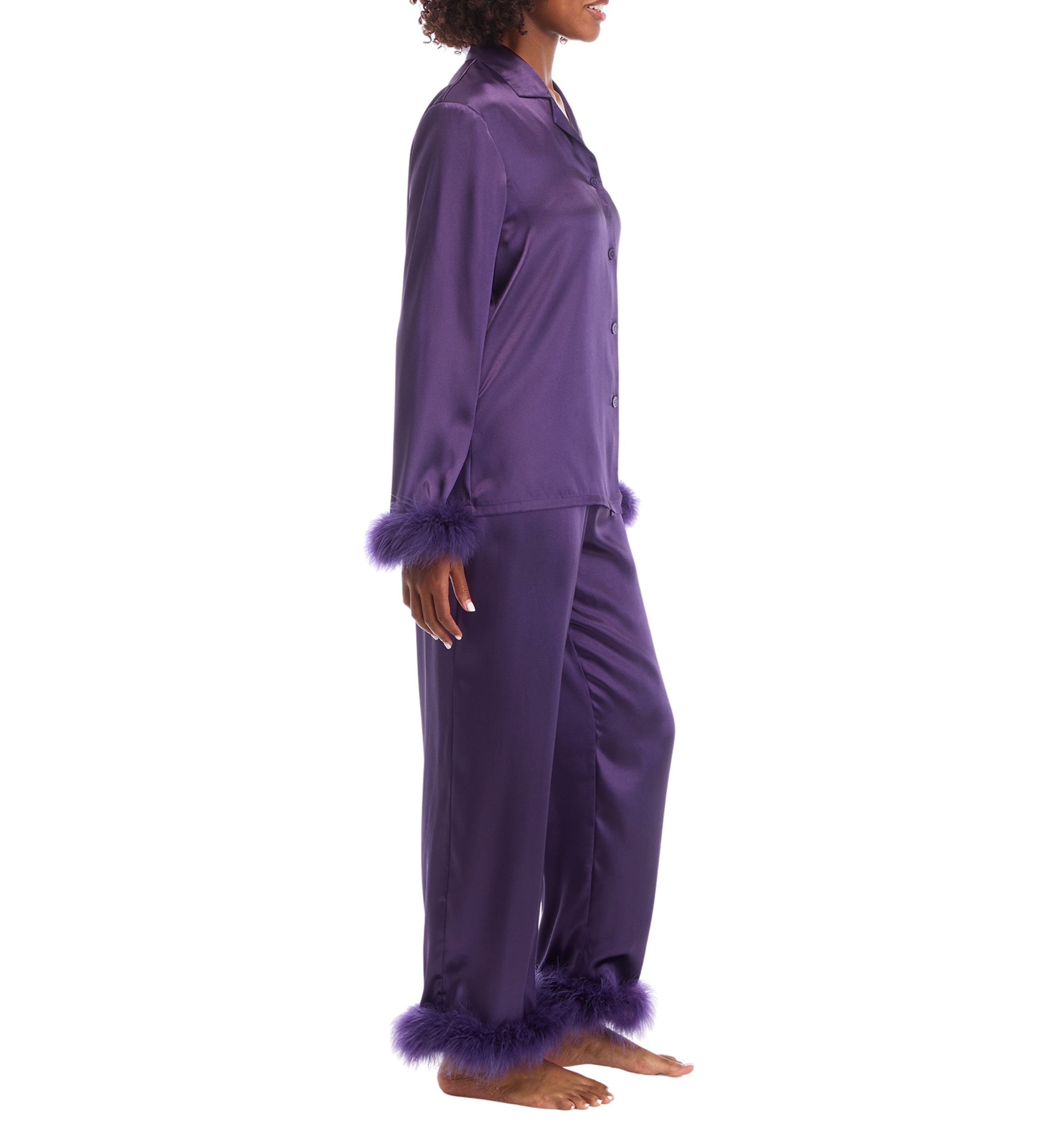 Satin Fur Trim Pajama Set