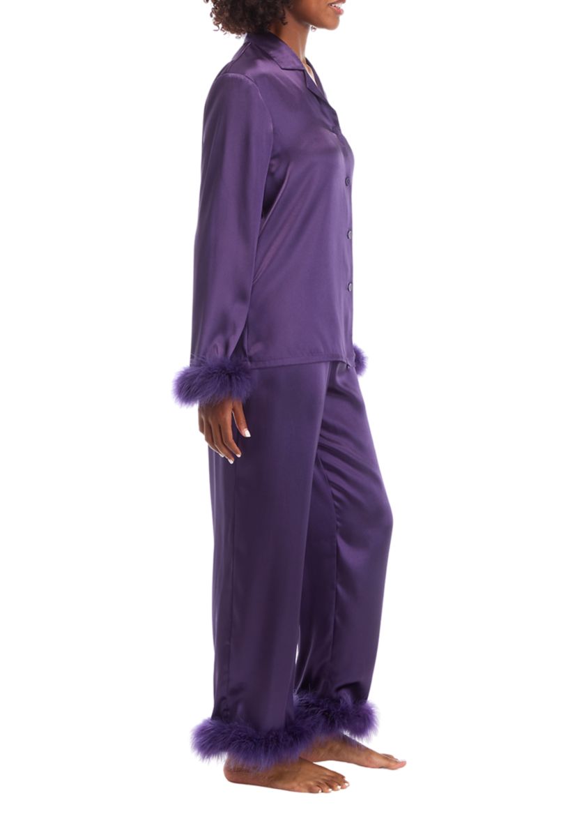 Satin Fur Trim Pajama Set