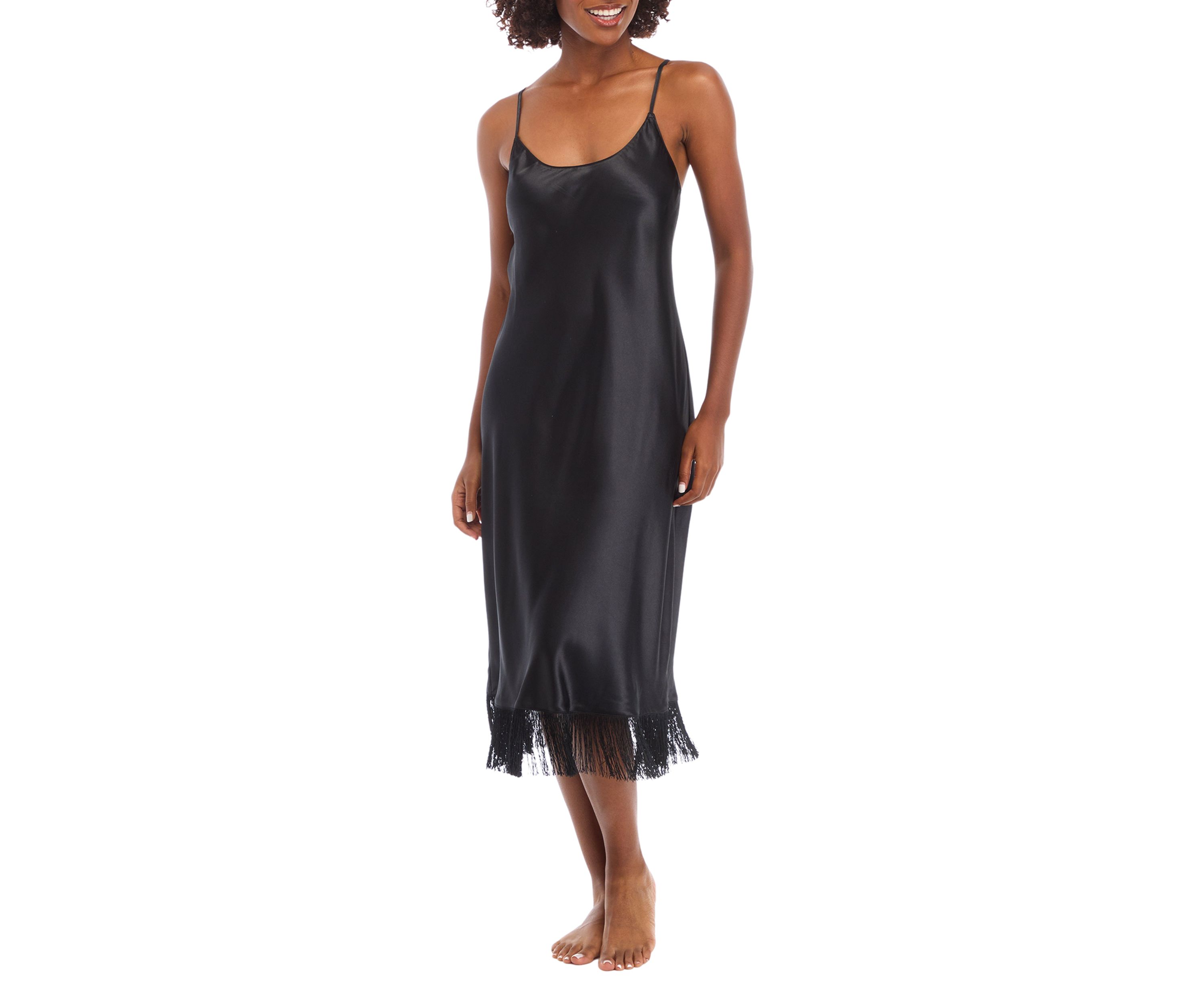Womens Satin Midi Gown with Fringe 