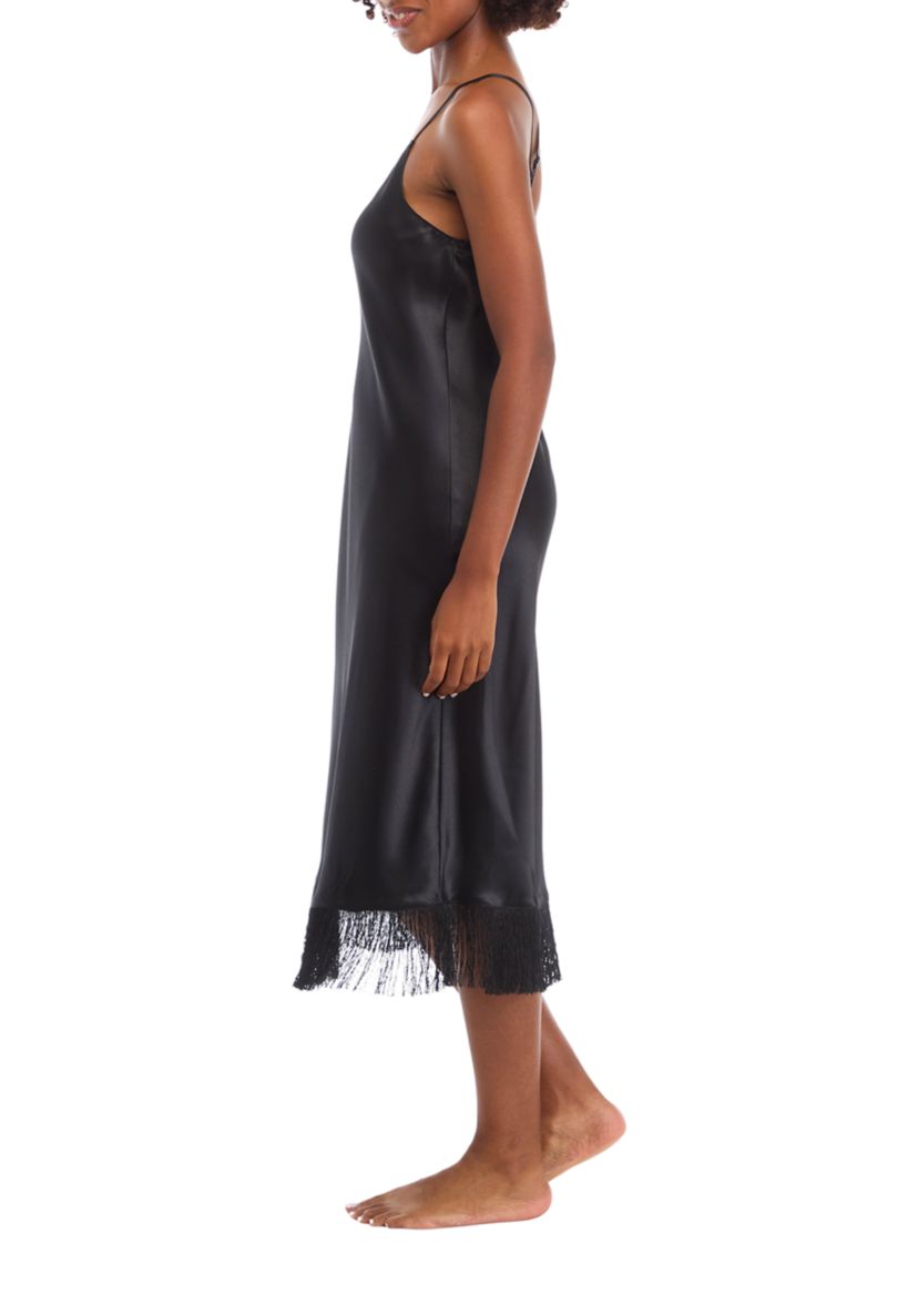 Womens Satin Midi Gown with Fringe 