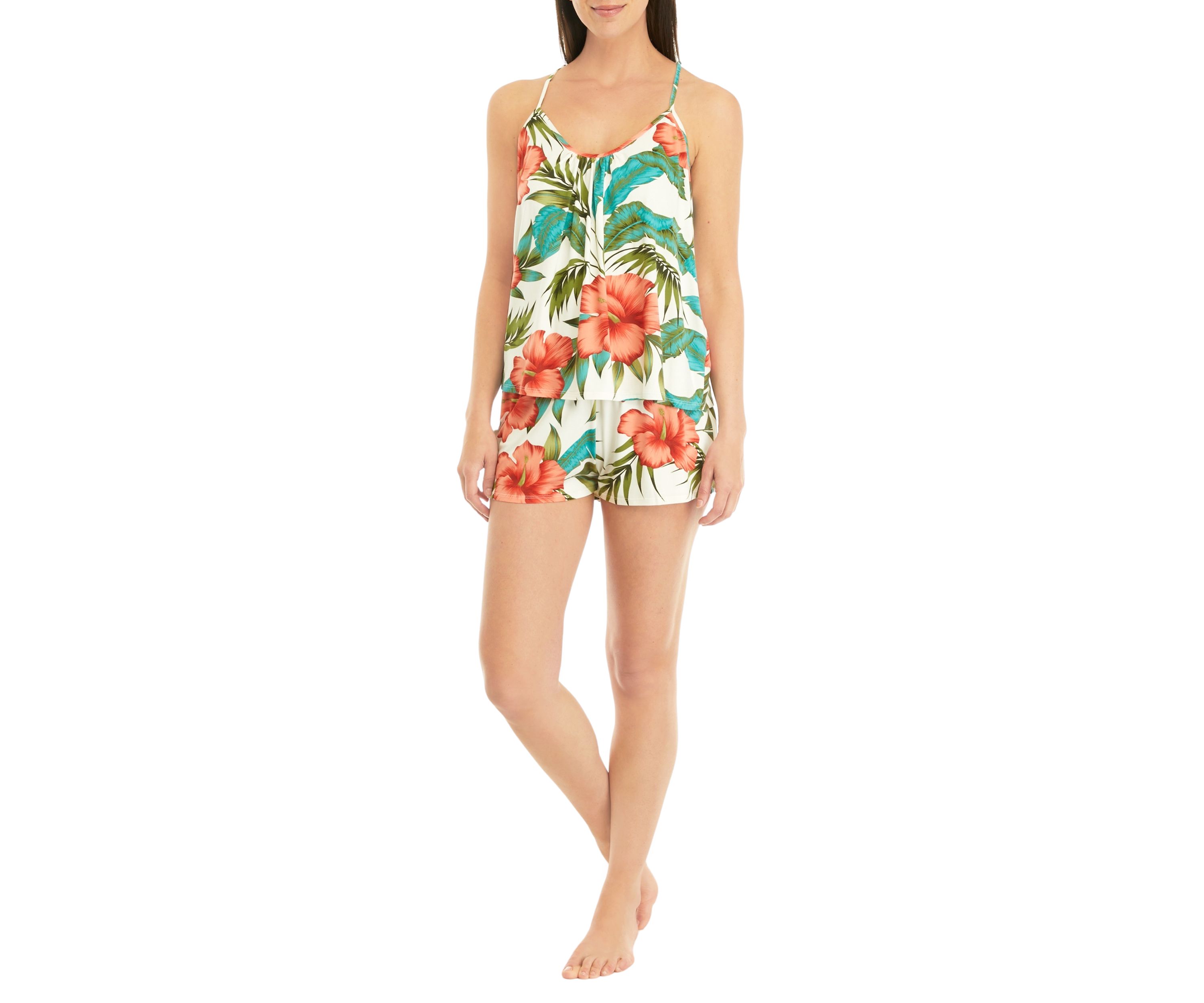 Printed Lace Back Top and Shorts Pajama Set