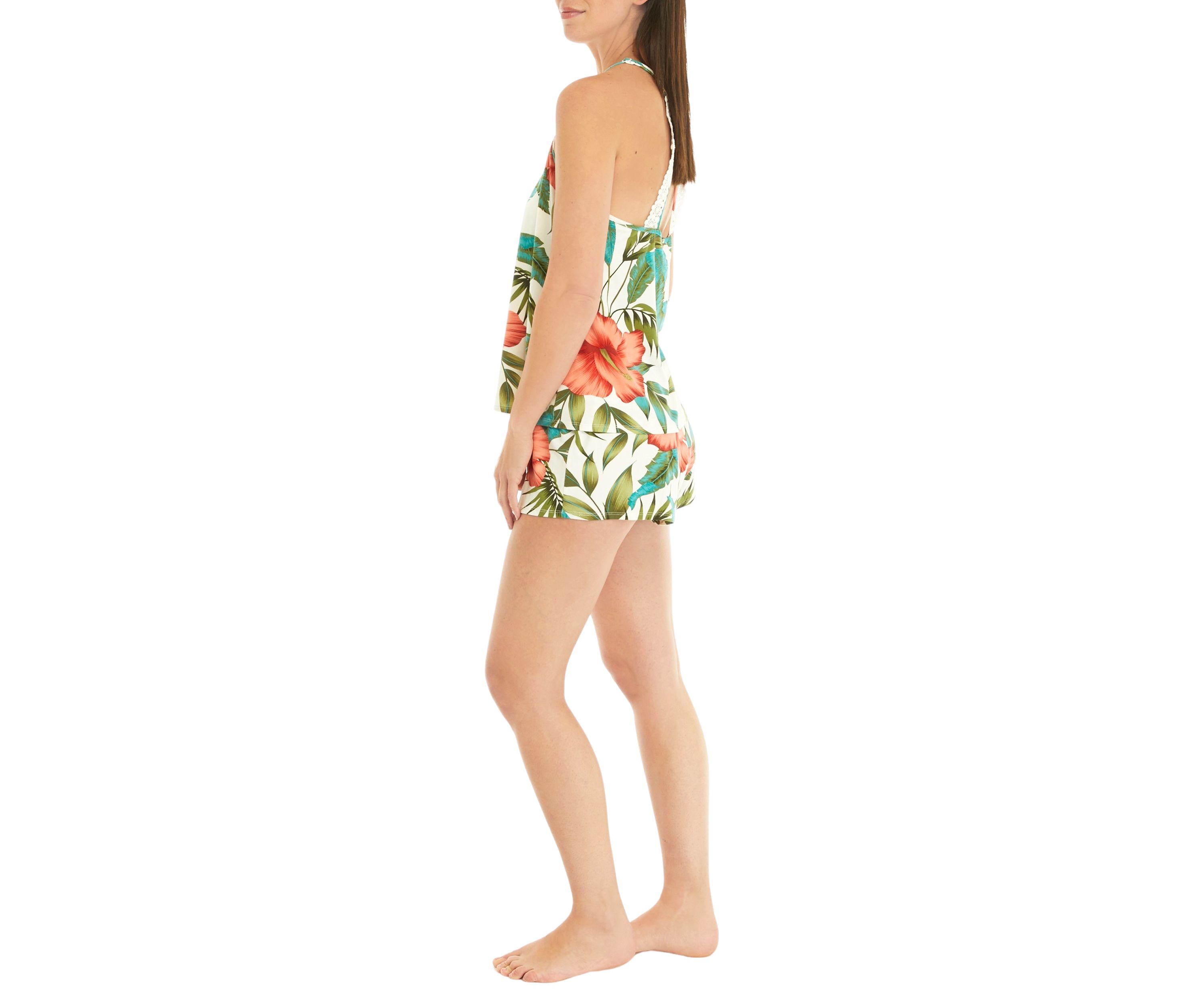 Printed Lace Back Top and Shorts Pajama Set
