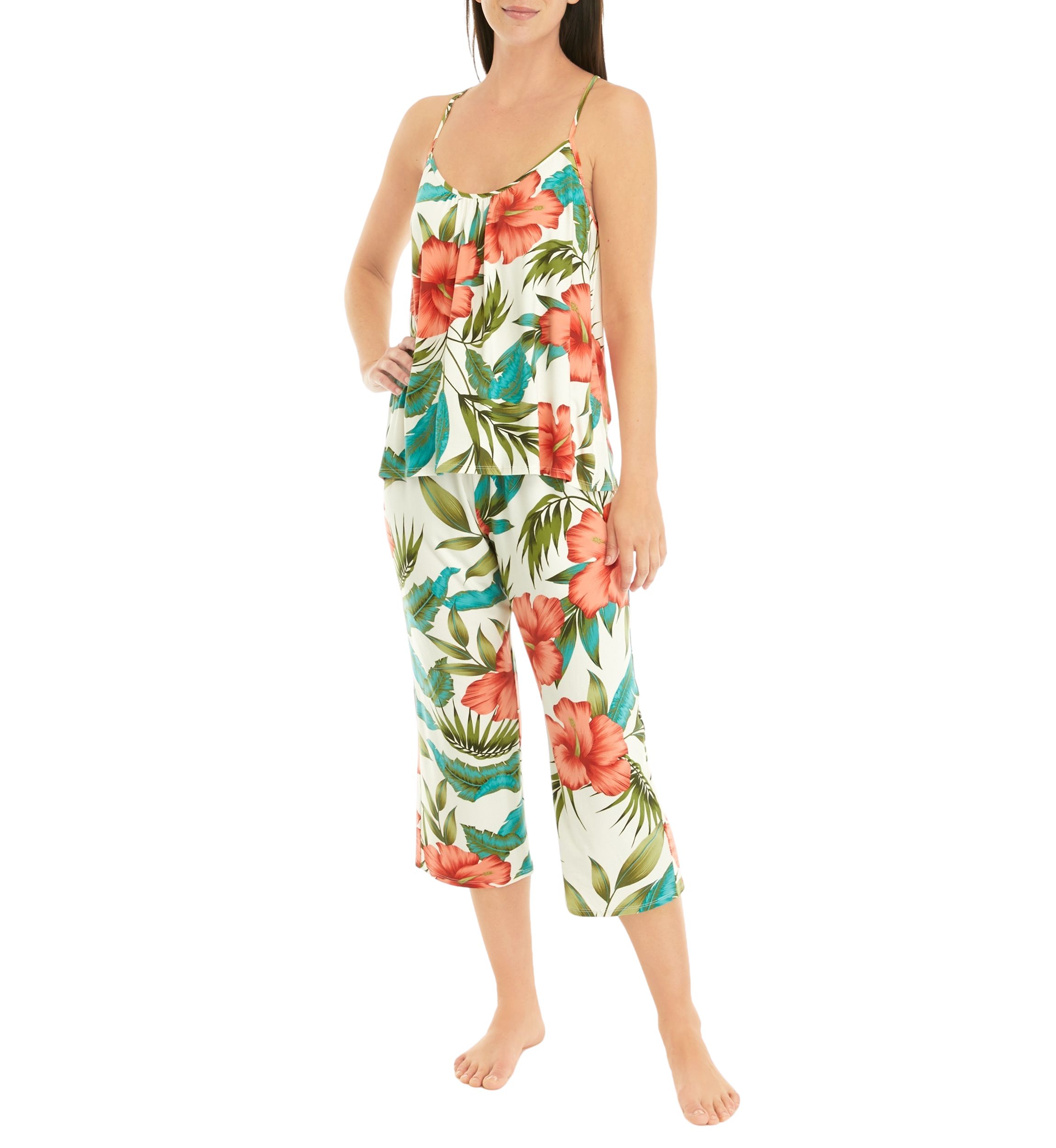 Printed Knit Lace Back Top and Pants Pajama Set