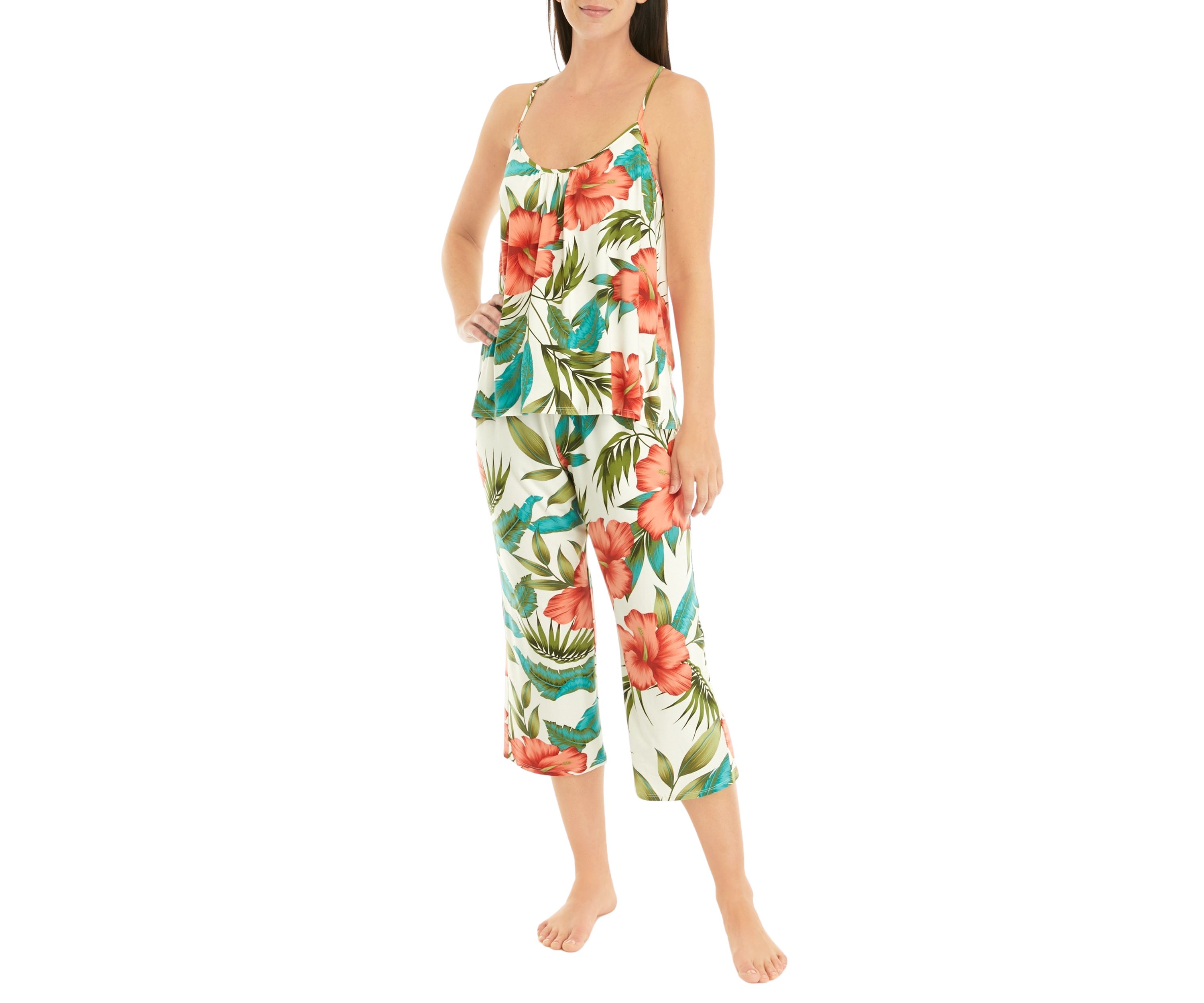 Printed Knit Lace Back Top and Pants Pajama Set