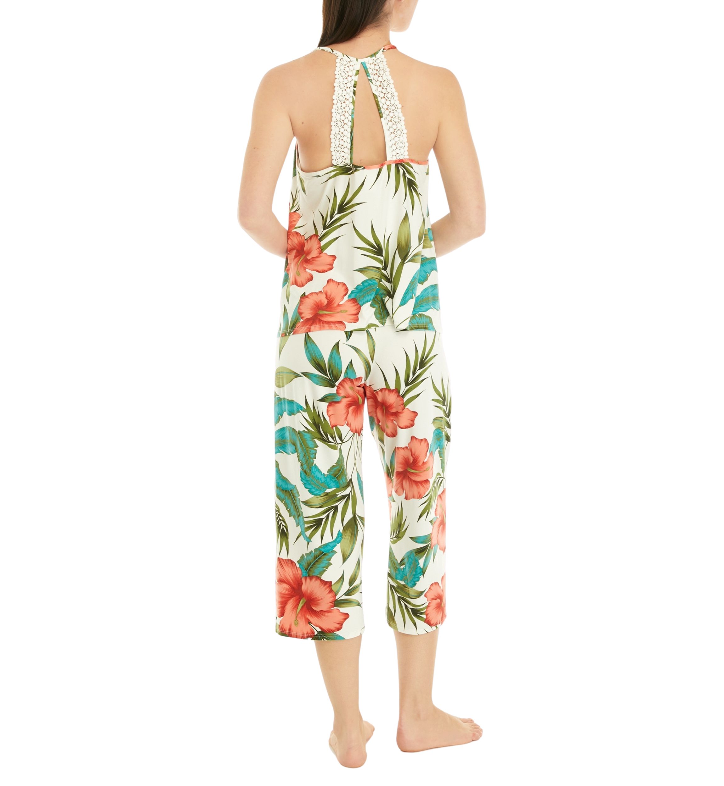 Printed Knit Lace Back Top and Pants Pajama Set