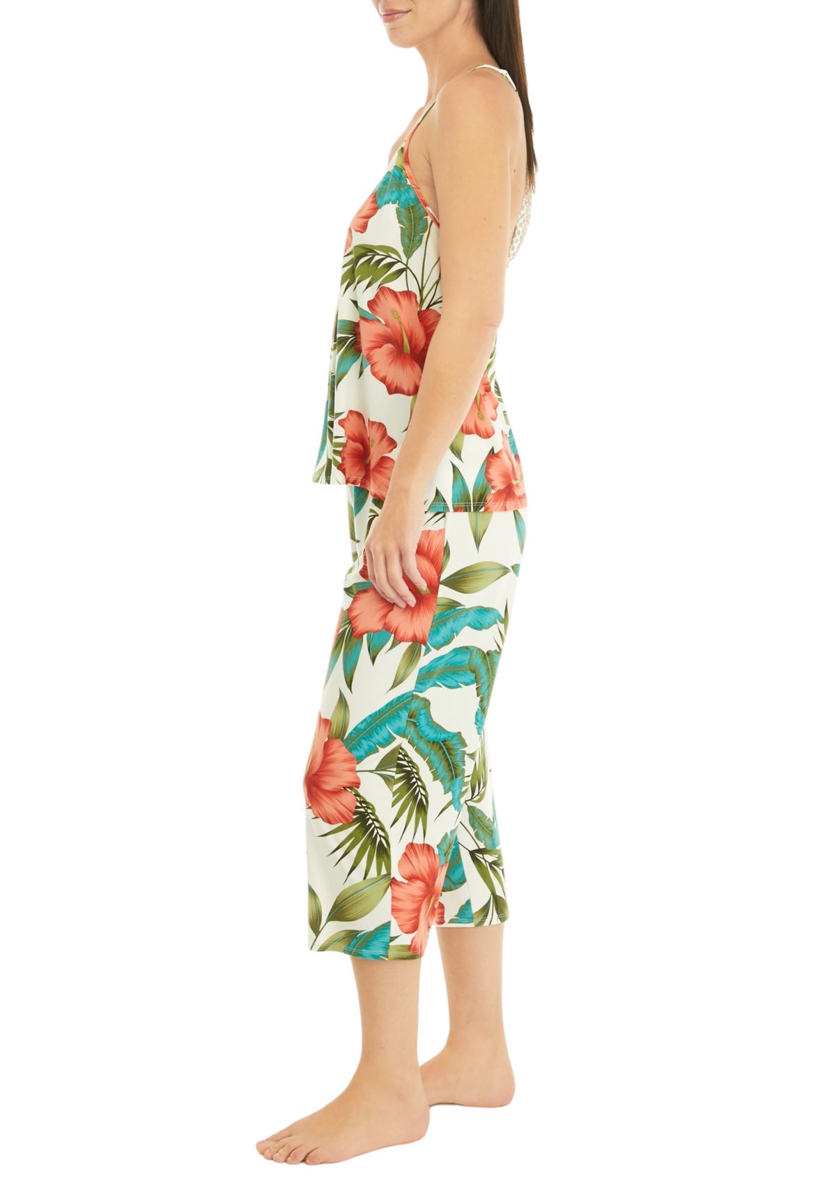 Printed Knit Lace Back Top and Pants Pajama Set