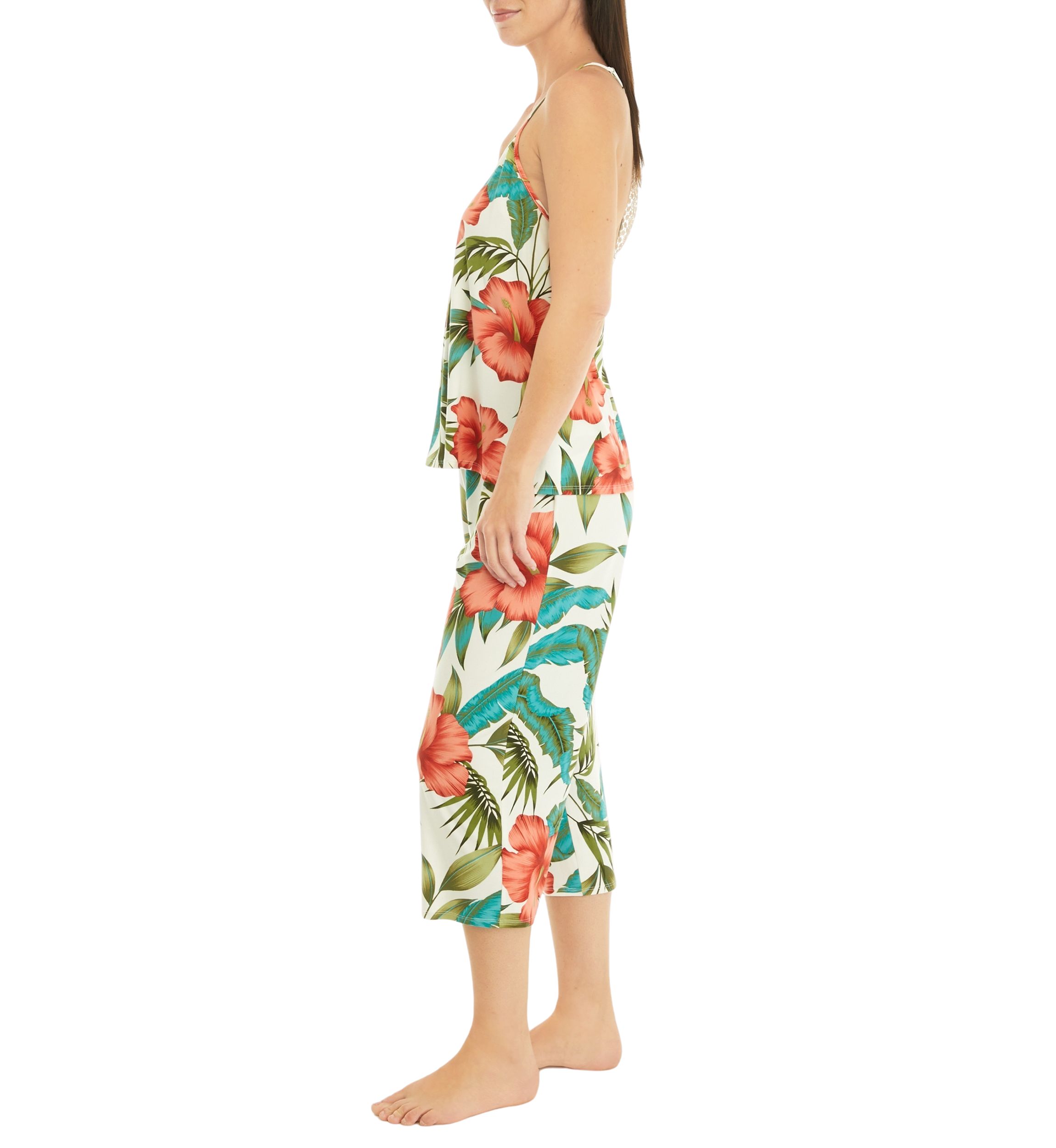 Printed Knit Lace Back Top and Pants Pajama Set