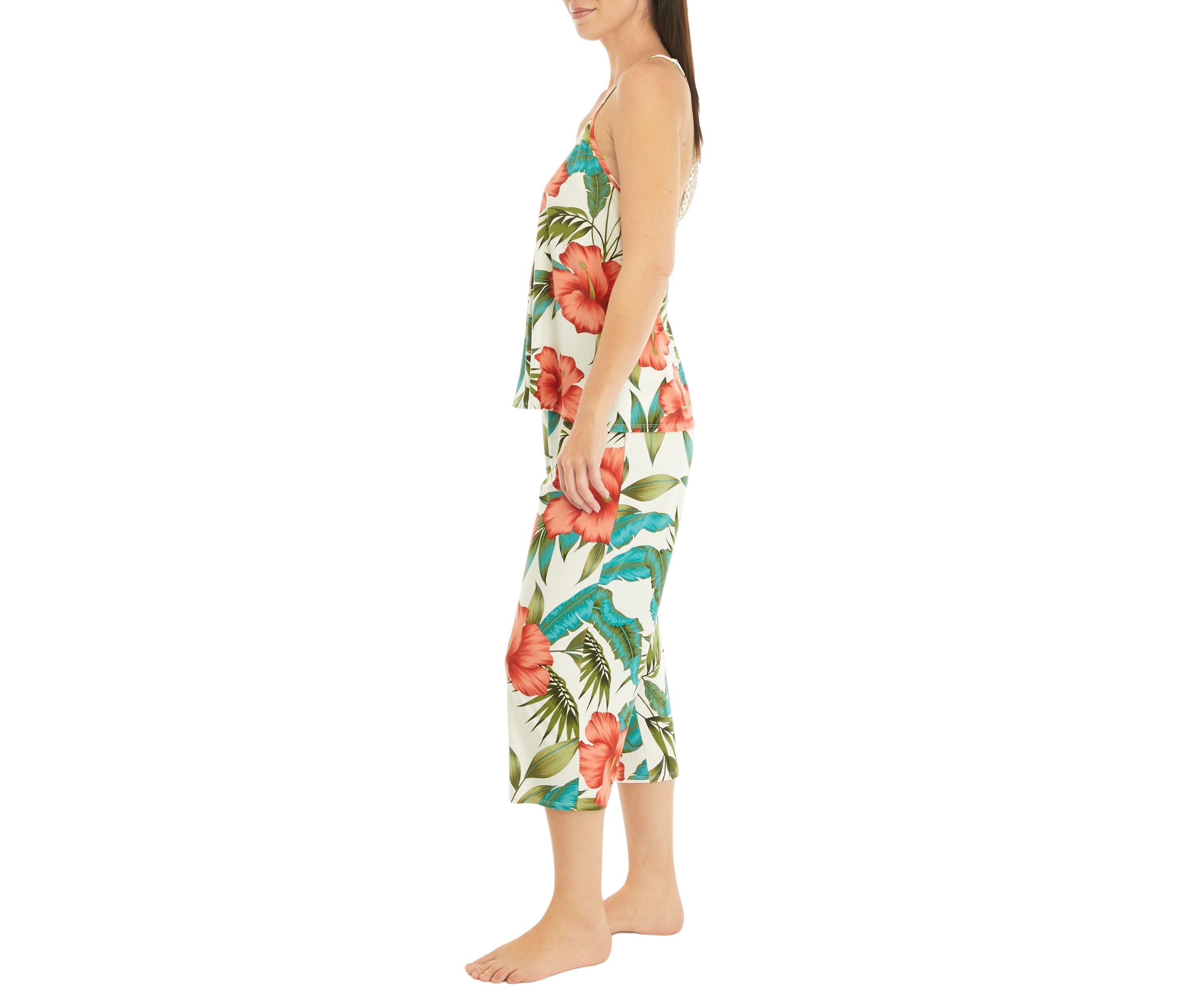 Printed Knit Lace Back Top and Pants Pajama Set