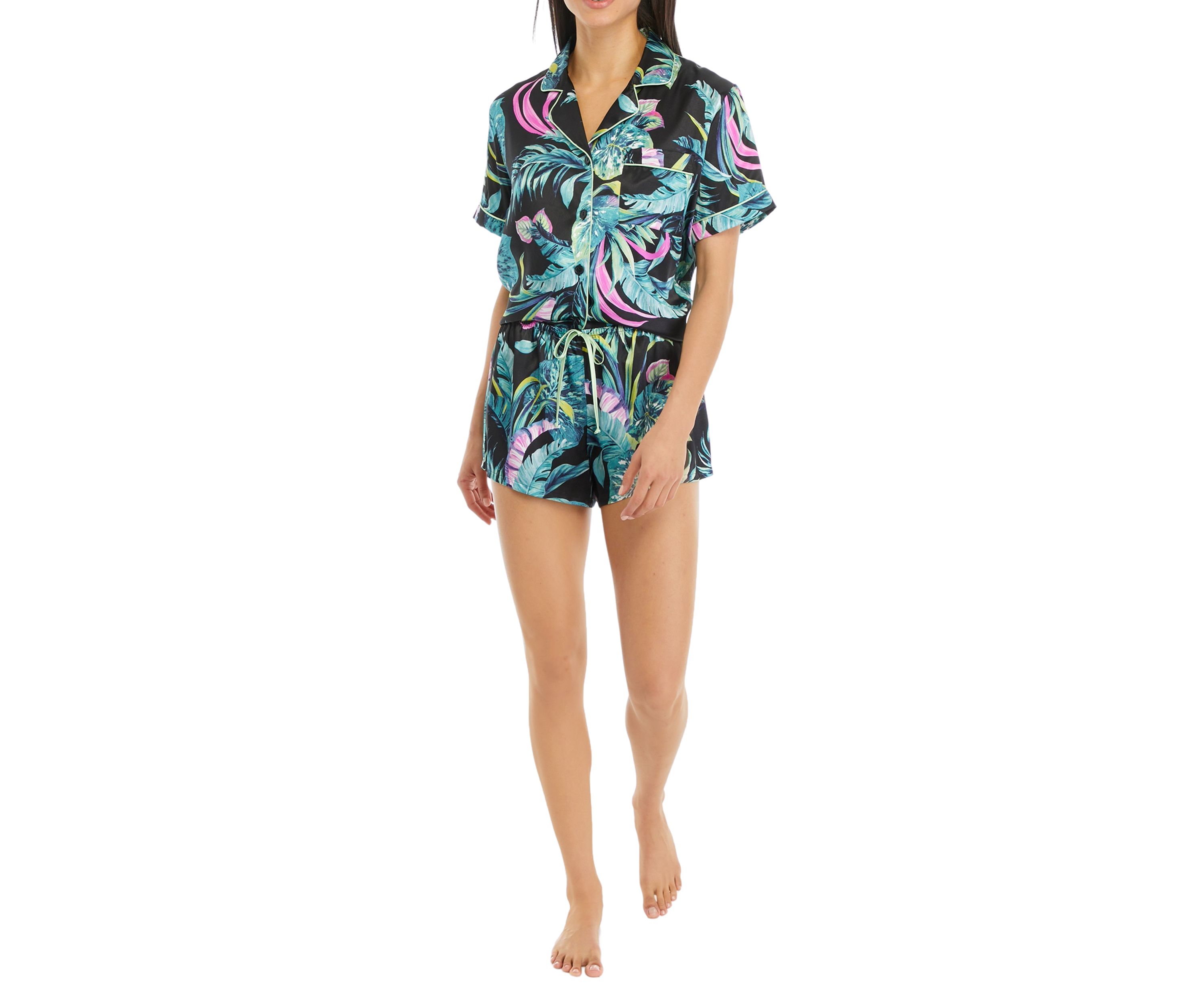 Satin Printed Short Sleeve Top and Shorts Pajama Set