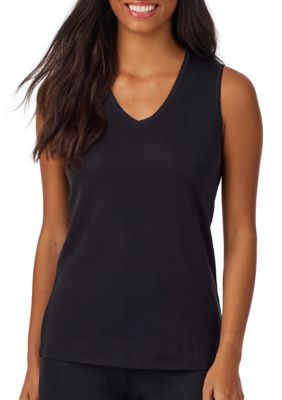 Cuddl Duds Women's Softwear Lace Edge V-Neck Tank Top, Black, XL