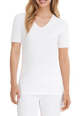Cuddl Duds Women's Softwear Lace Edge Short Sleeve V-Neck Top, White, Small