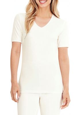 Cuddl Duds Women's Softwear Lace Edge Short Sleeve V-Neck Top