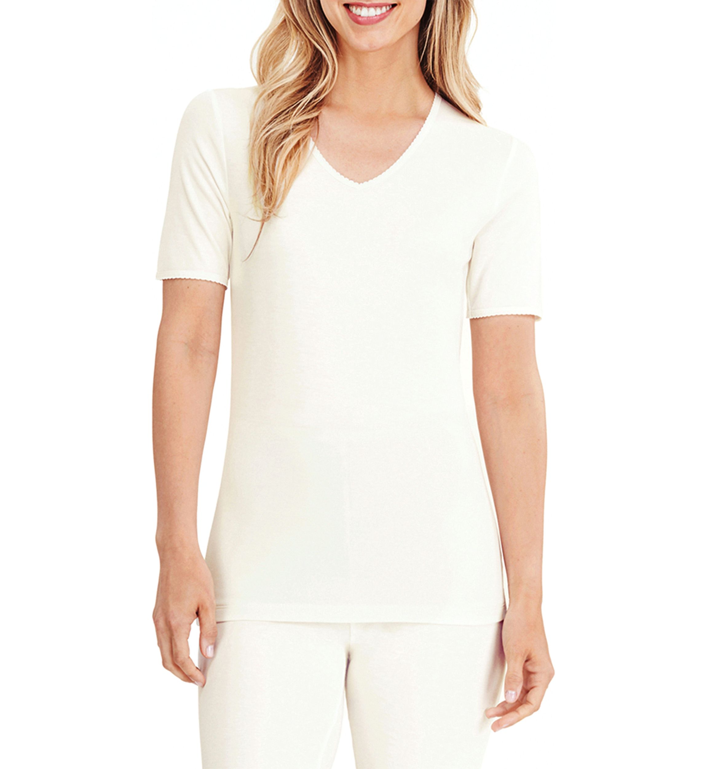 Womens Softwear Lace Edge Short Sleeve V-Neck Top