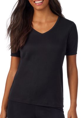 Cuddl Duds Women's Softwear Lace Edge Short Sleeve V-Neck Shirt, Black, XL