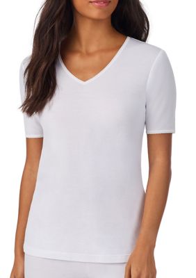 Cuddl Duds Women's Softwear Lace Edge Short Sleeve V-Neck Shirt, White, XL