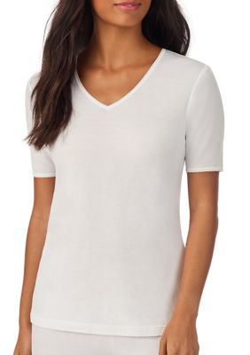 Cuddl Duds Women's Softwear Lace Edge Short Sleeve V-Neck Shirt, Ivory, XL