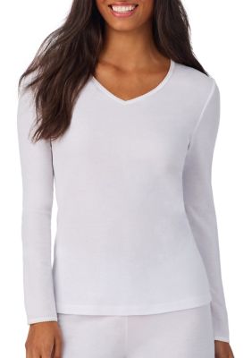 Cuddl Duds Women's Softwear Lace Edge Long Sleeve V-Neck Top, White, XL