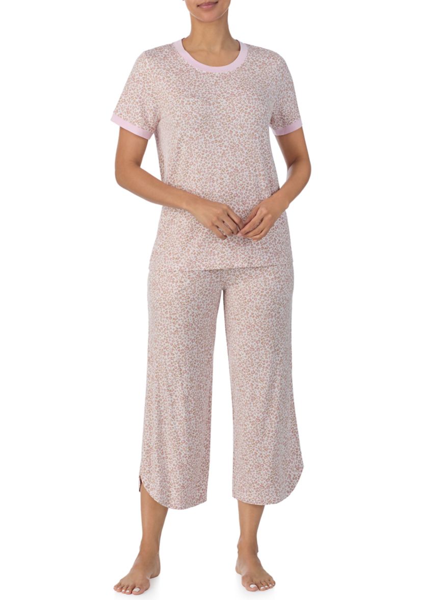 Printed T-Shirt and Cropped Wide Leg Pants Pajama Set