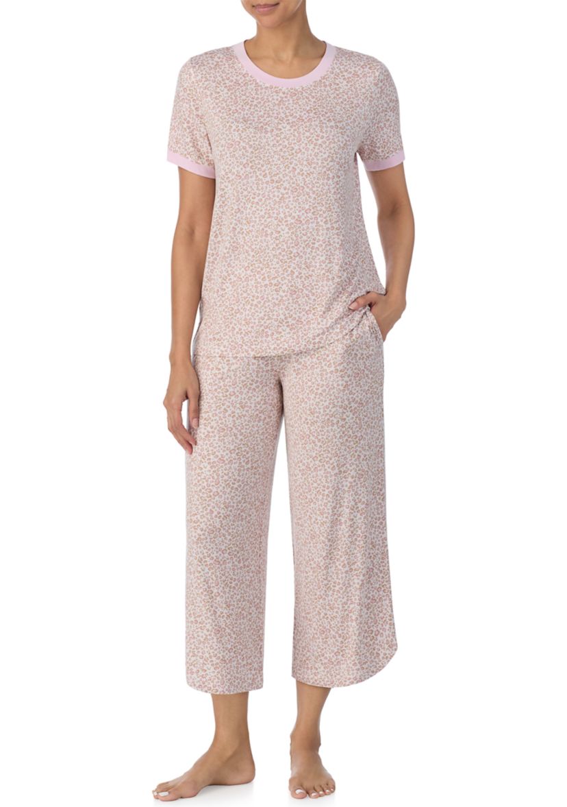 Printed T-Shirt and Cropped Wide Leg Pants Pajama Set
